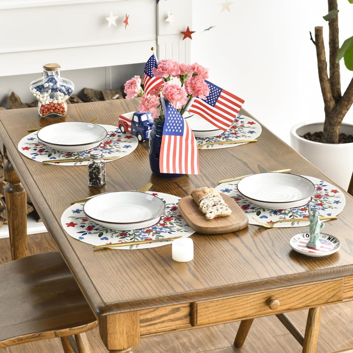 imageArtoid Mode Eucalyptus Floral Stars 4th of July Round Placemats Set of 4 14 Inch Memorial Day Table Mats for Dining DecorationBeige