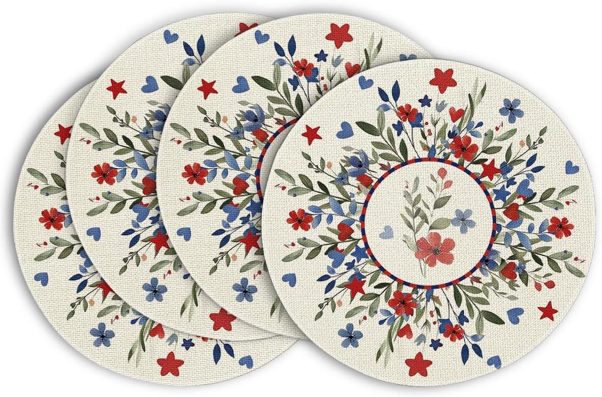 imageArtoid Mode Eucalyptus Floral Stars 4th of July Round Placemats Set of 4 14 Inch Memorial Day Table Mats for Dining DecorationBeige