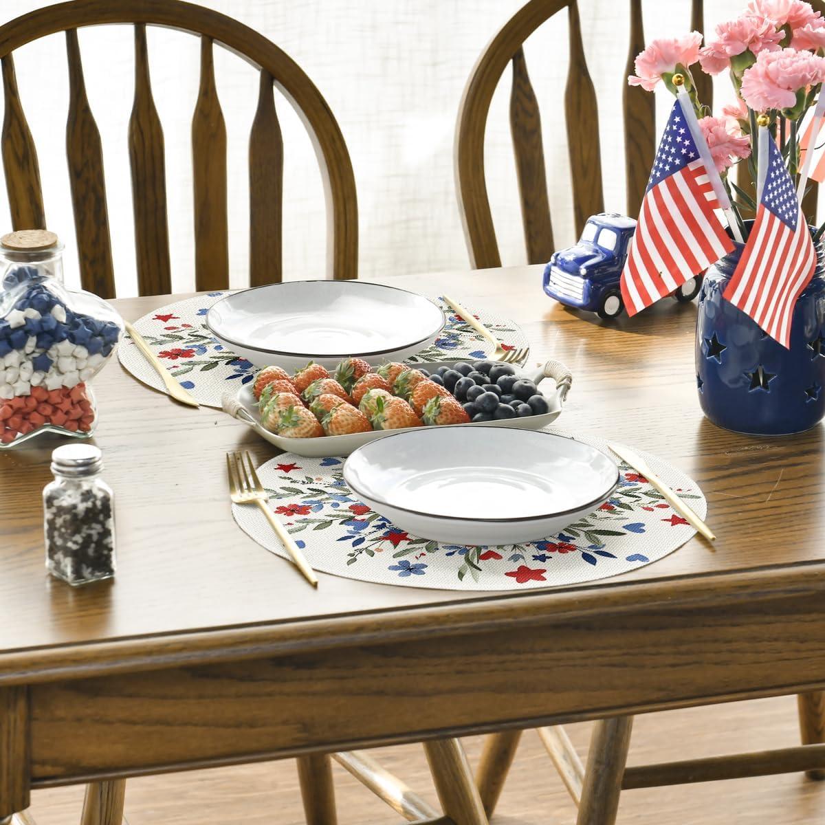 imageArtoid Mode Eucalyptus Floral Stars 4th of July Round Placemats Set of 4 14 Inch Memorial Day Table Mats for Dining DecorationBeige
