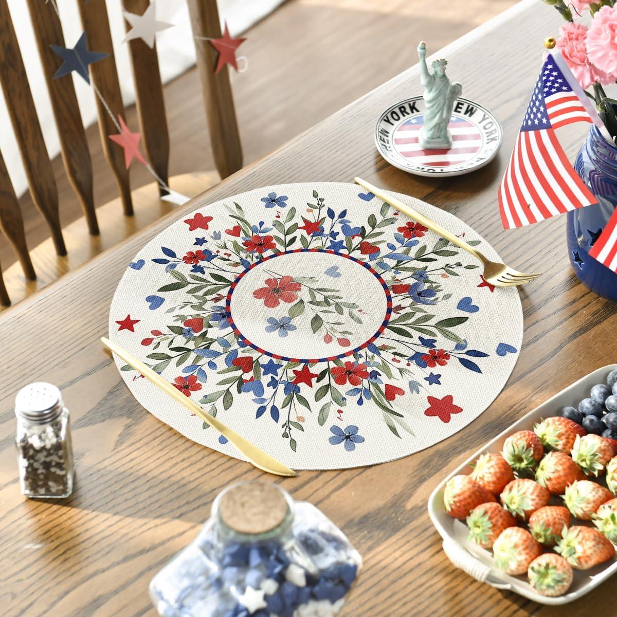 imageArtoid Mode Eucalyptus Floral Stars 4th of July Round Placemats Set of 4 14 Inch Memorial Day Table Mats for Dining DecorationBeige