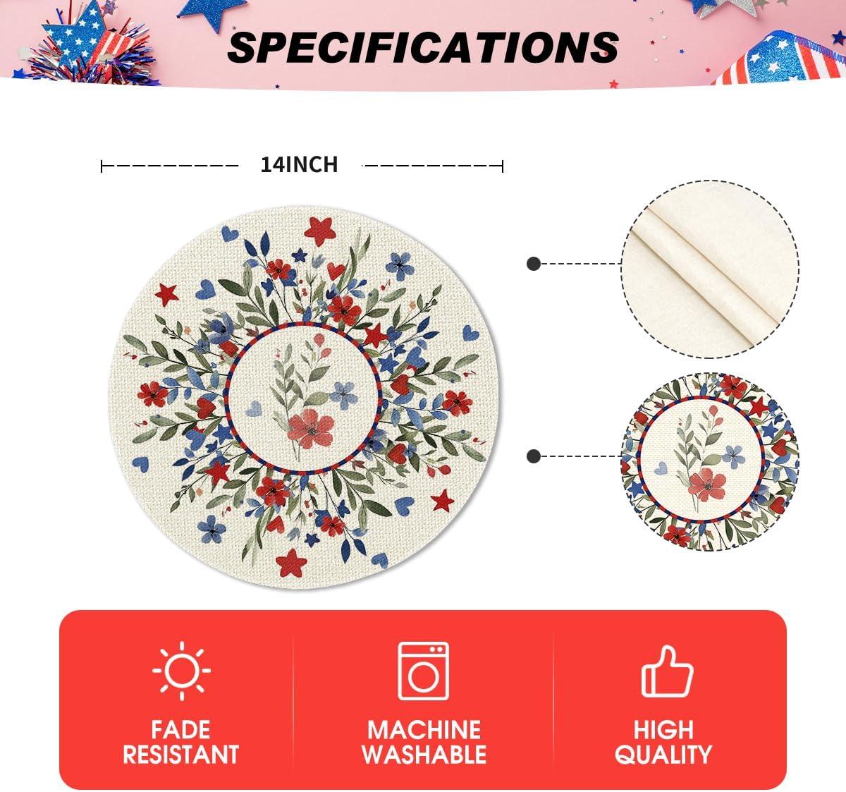 imageArtoid Mode Eucalyptus Floral Stars 4th of July Round Placemats Set of 4 14 Inch Memorial Day Table Mats for Dining DecorationBeige