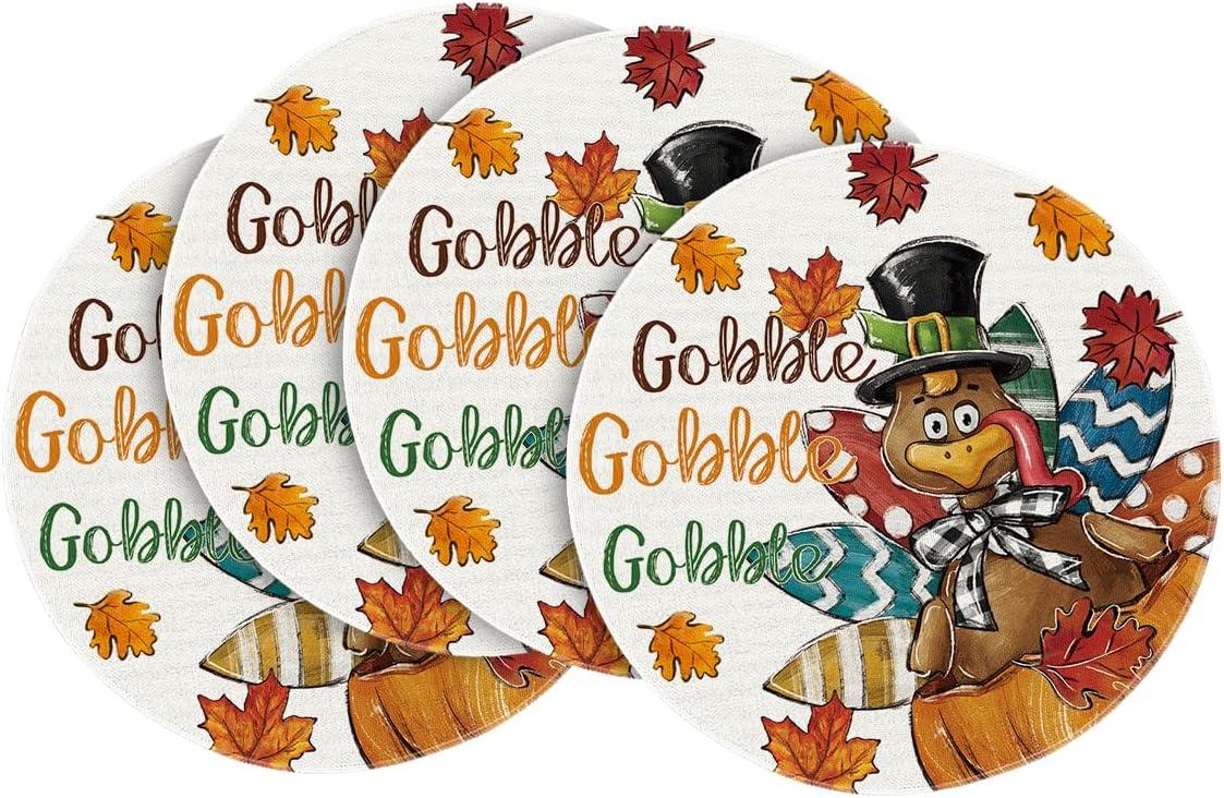 imageArtoid Mode Gobble Turkey Maple Leaves Thanksgiving Placemats Set of 4 12x18 Inch Fall Harvest Table Mats for Party Kitchen Dining DecorationBrownBeige