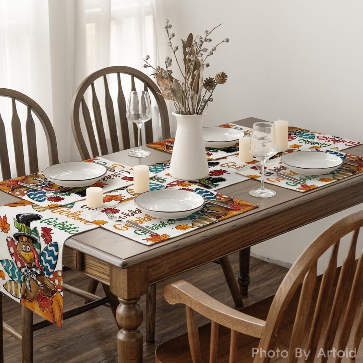 imageArtoid Mode Gobble Turkey Maple Leaves Thanksgiving Placemats Set of 4 12x18 Inch Fall Harvest Table Mats for Party Kitchen Dining DecorationBrownBeige