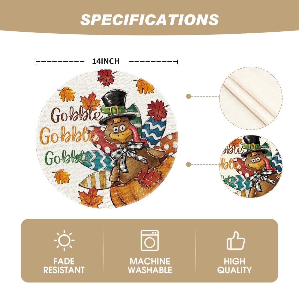 imageArtoid Mode Gobble Turkey Maple Leaves Thanksgiving Placemats Set of 4 12x18 Inch Fall Harvest Table Mats for Party Kitchen Dining DecorationBrownBeige