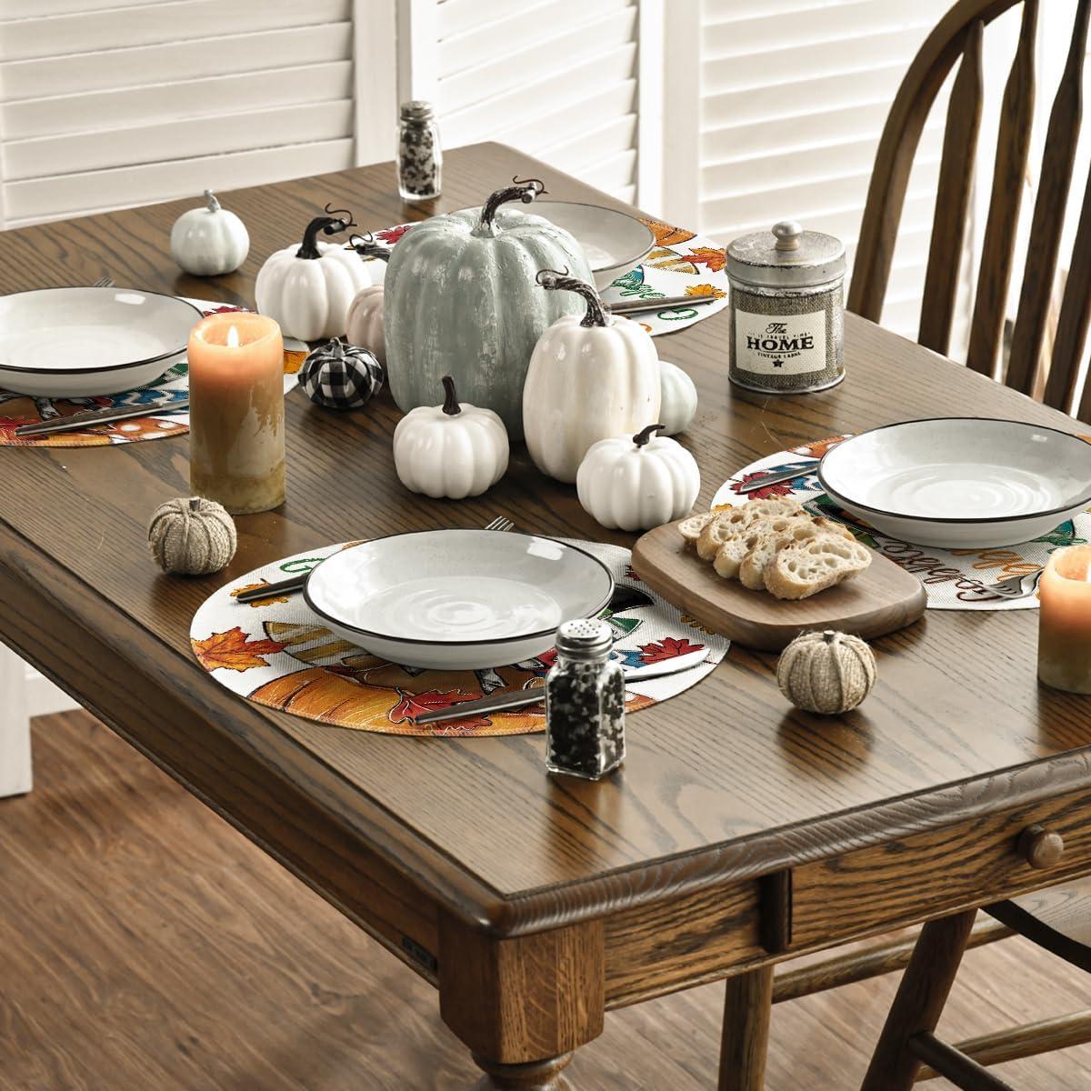 imageArtoid Mode Gobble Turkey Maple Leaves Thanksgiving Placemats Set of 4 12x18 Inch Fall Harvest Table Mats for Party Kitchen Dining DecorationBrownBeige