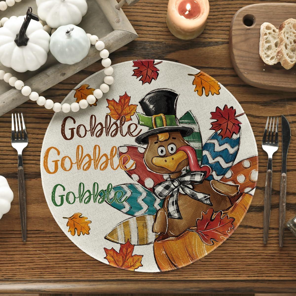 imageArtoid Mode Gobble Turkey Maple Leaves Thanksgiving Placemats Set of 4 12x18 Inch Fall Harvest Table Mats for Party Kitchen Dining DecorationBrownBeige