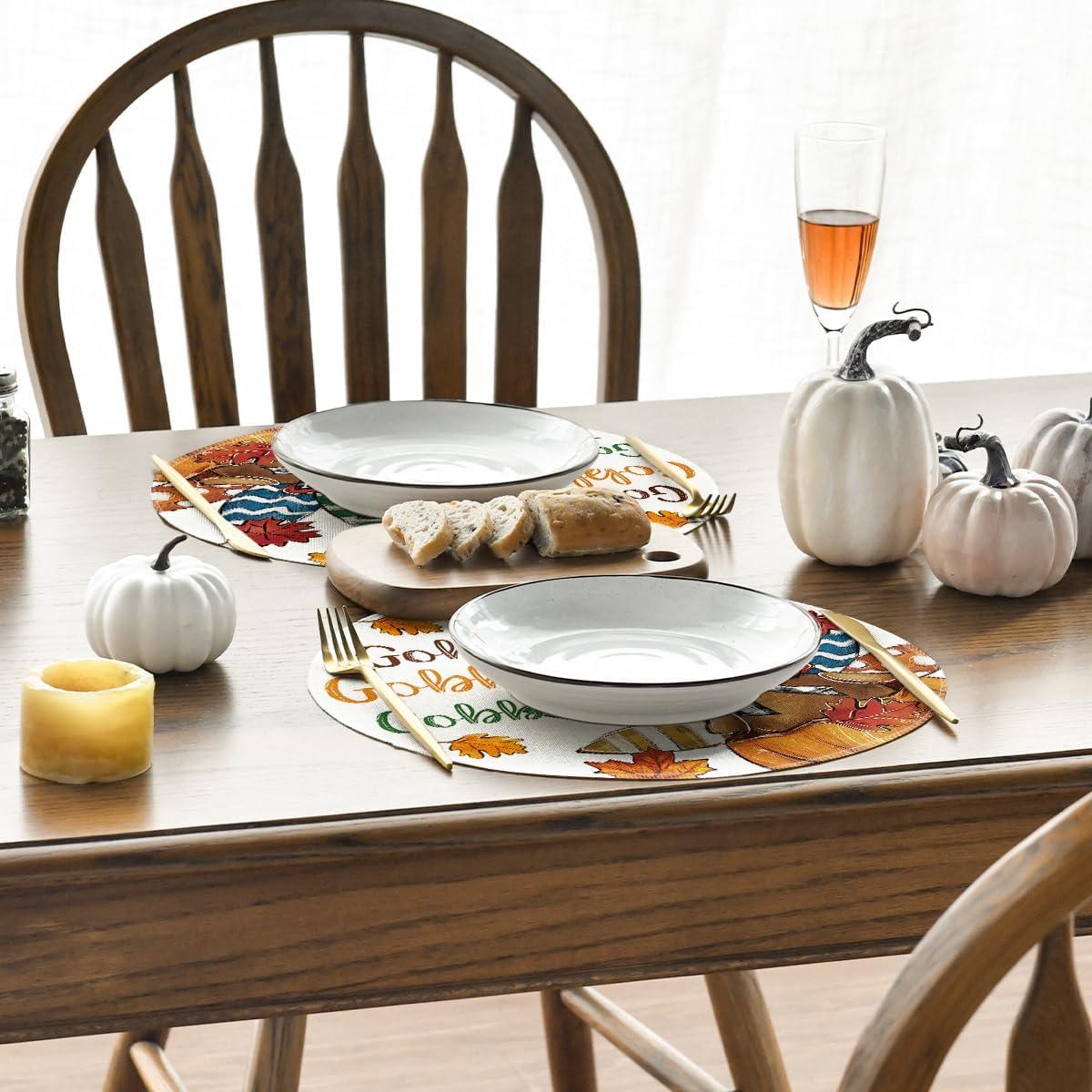 imageArtoid Mode Gobble Turkey Maple Leaves Thanksgiving Placemats Set of 4 12x18 Inch Fall Harvest Table Mats for Party Kitchen Dining DecorationBrownBeige