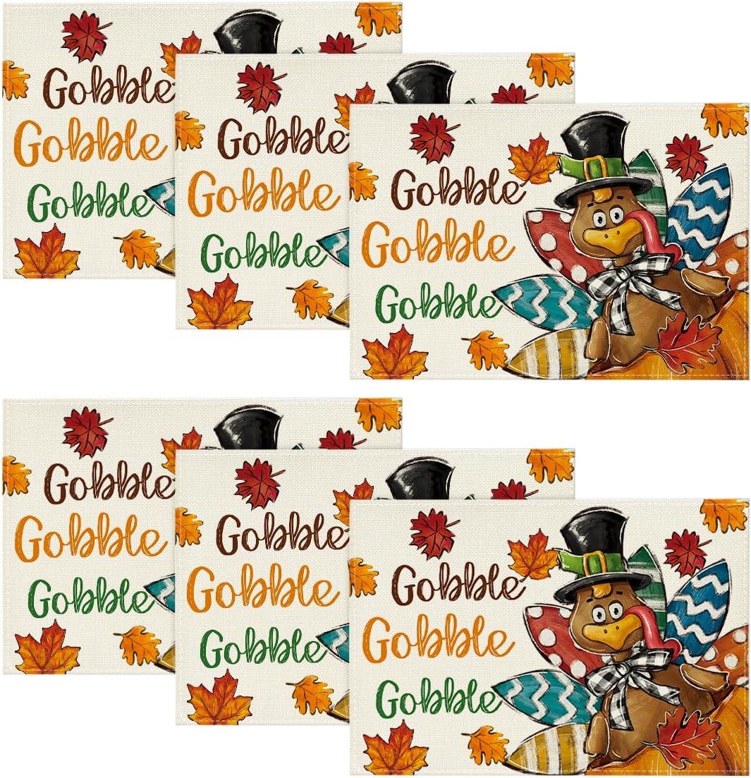 imageArtoid Mode Gobble Turkey Maple Leaves Thanksgiving Placemats Set of 4 12x18 Inch Fall Harvest Table Mats for Party Kitchen Dining DecorationBrownBeige