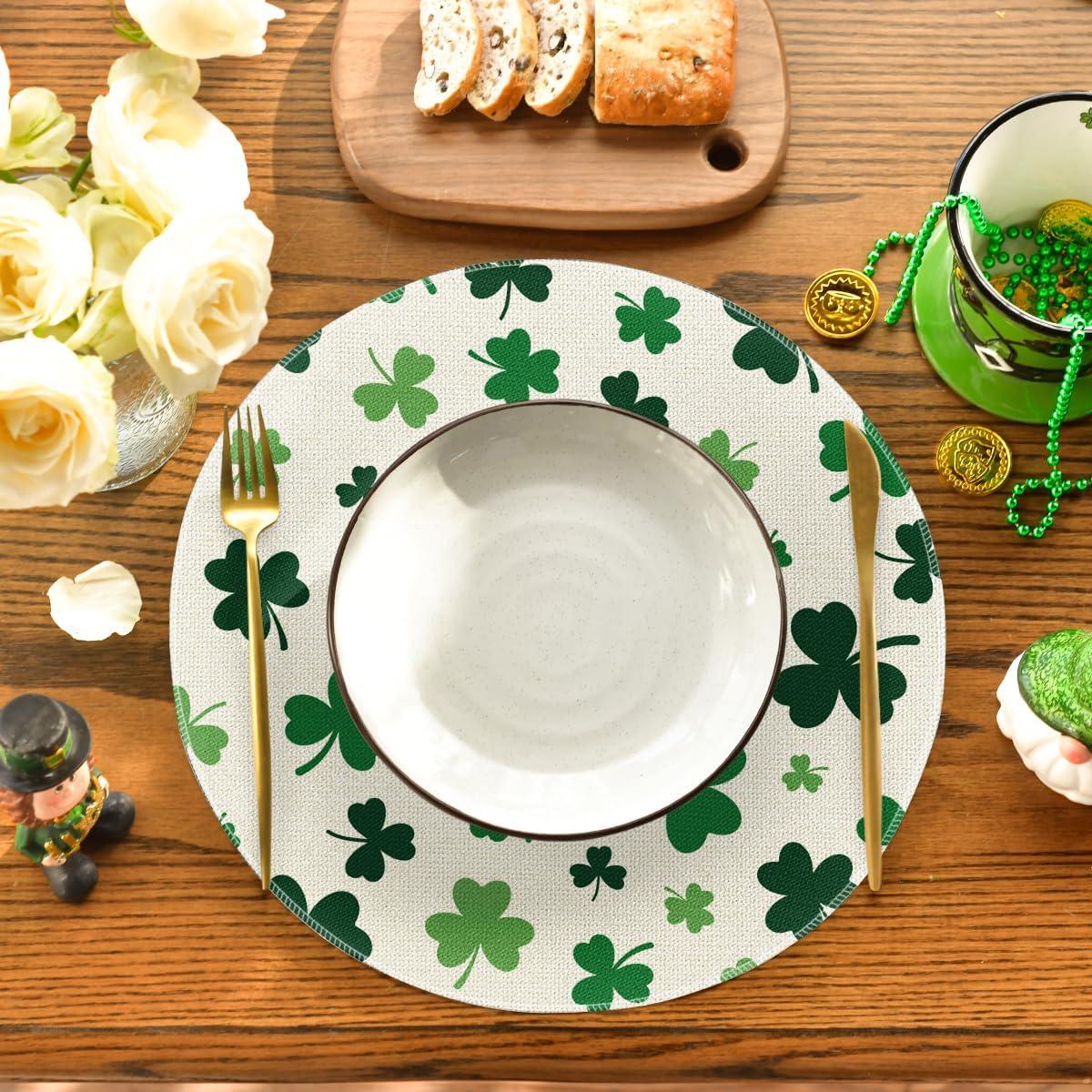 imageArtoid Mode Green Shamrock St Patricks Day Placemats Set of 415 Inch Seasonal Spring Luck Table Mats for Party Kitchen Dining DecorationBeige