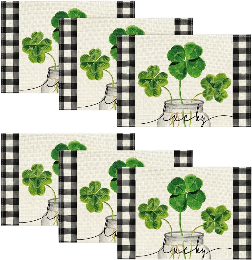 imageArtoid Mode Lucky Shamrock Vase St Patricks Day Placemats Set of 4 Holiday 12x18 Inch Table Mats for Party Kitchen Dining DecorationBeige