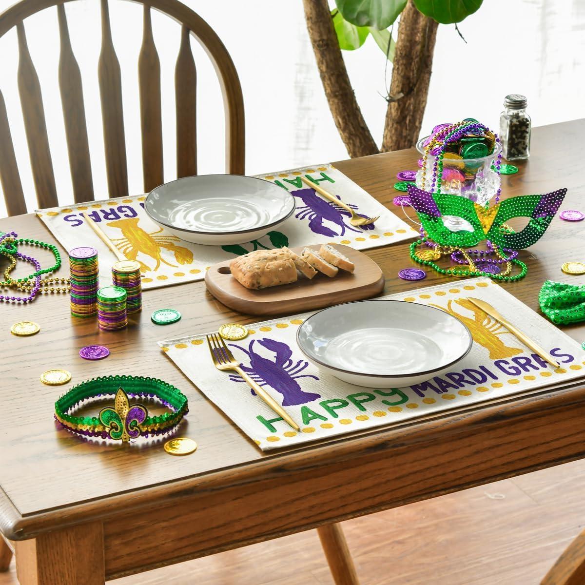 imageArtoid Mode Mardi Gras Lobster Carnival Placemats for Dining Table 12 x 18 Inch Spring Seasonal Holiday Decoration Rustic Vintage Washable Table Mats Set of 4Beige