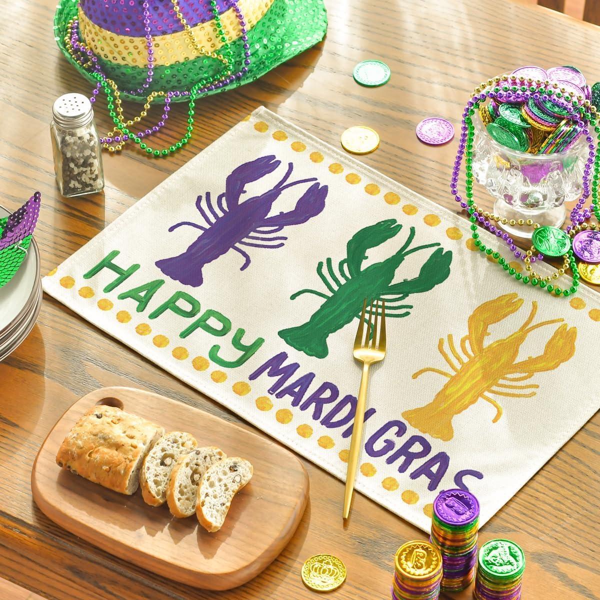 imageArtoid Mode Mardi Gras Lobster Carnival Placemats for Dining Table 12 x 18 Inch Spring Seasonal Holiday Decoration Rustic Vintage Washable Table Mats Set of 4Beige