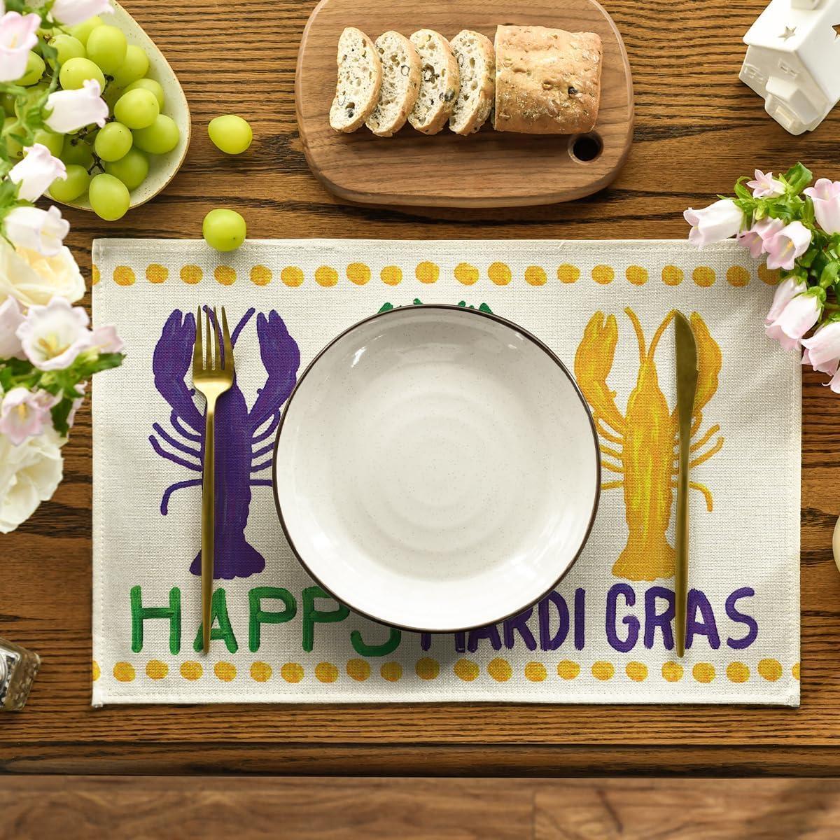imageArtoid Mode Mardi Gras Lobster Carnival Placemats for Dining Table 12 x 18 Inch Spring Seasonal Holiday Decoration Rustic Vintage Washable Table Mats Set of 4Beige
