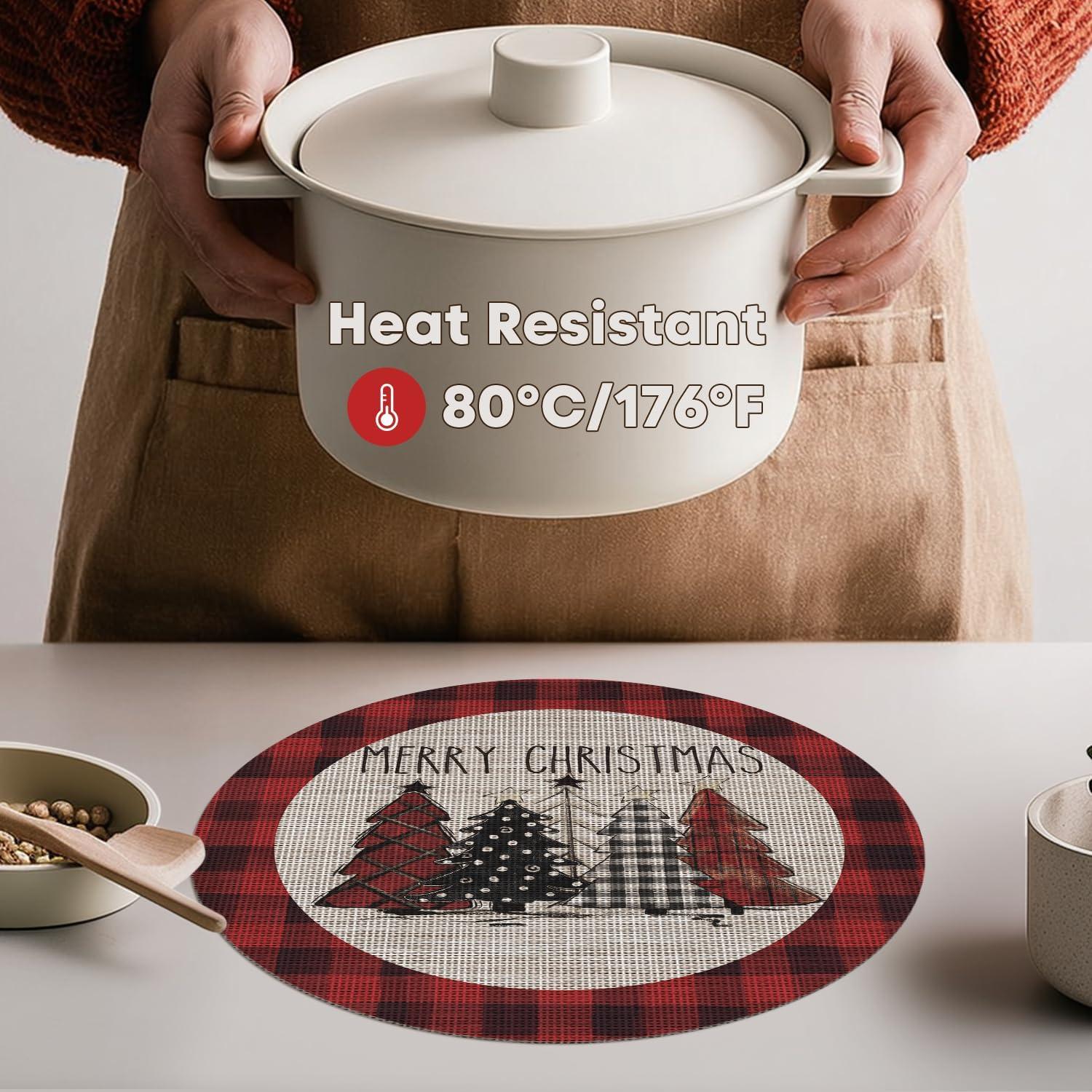 imageArtoid Mode Merry Christmas Trees Vinyl Placemats Set of 4 12x18 Inch Red Buffalo Plaid Washable Heat Resistant Plastic Woven Table Mats for Party Dining DecorRed