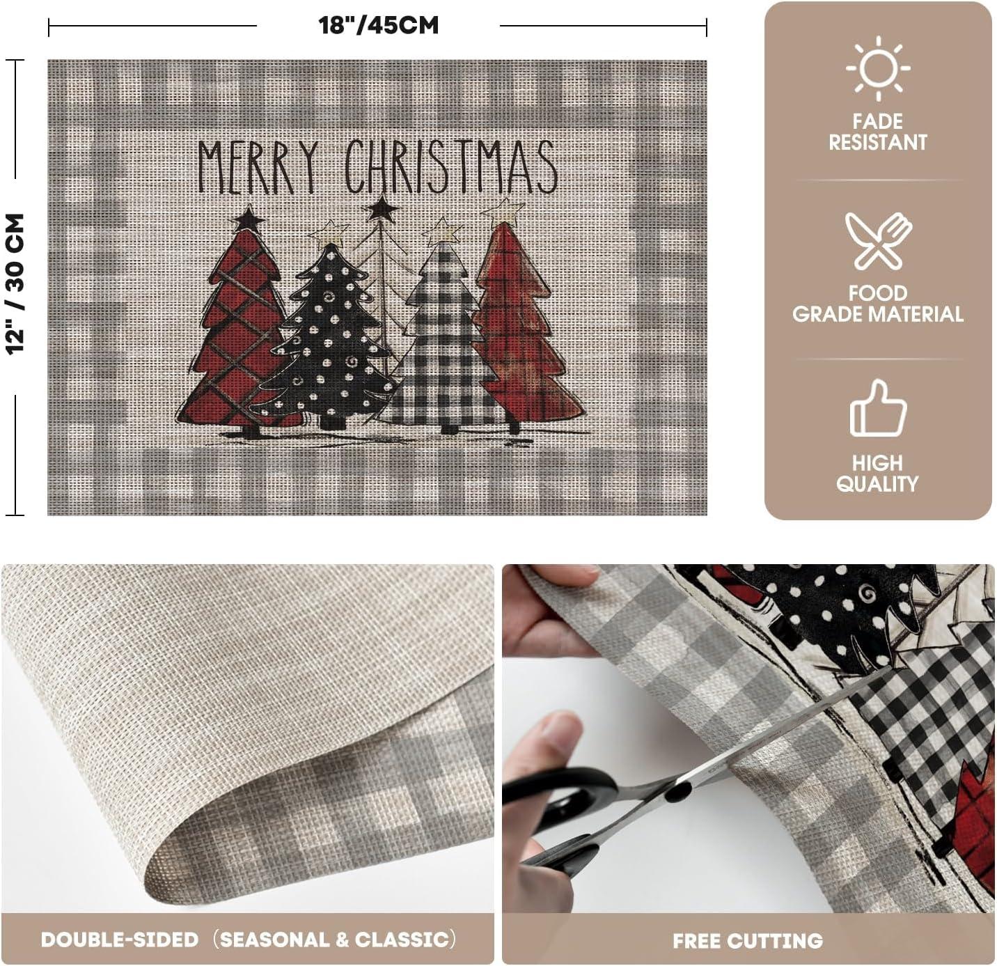 imageArtoid Mode Merry Christmas Trees Vinyl Placemats Set of 4 12x18 Inch Red Buffalo Plaid Washable Heat Resistant Plastic Woven Table Mats for Party Dining DecorGray