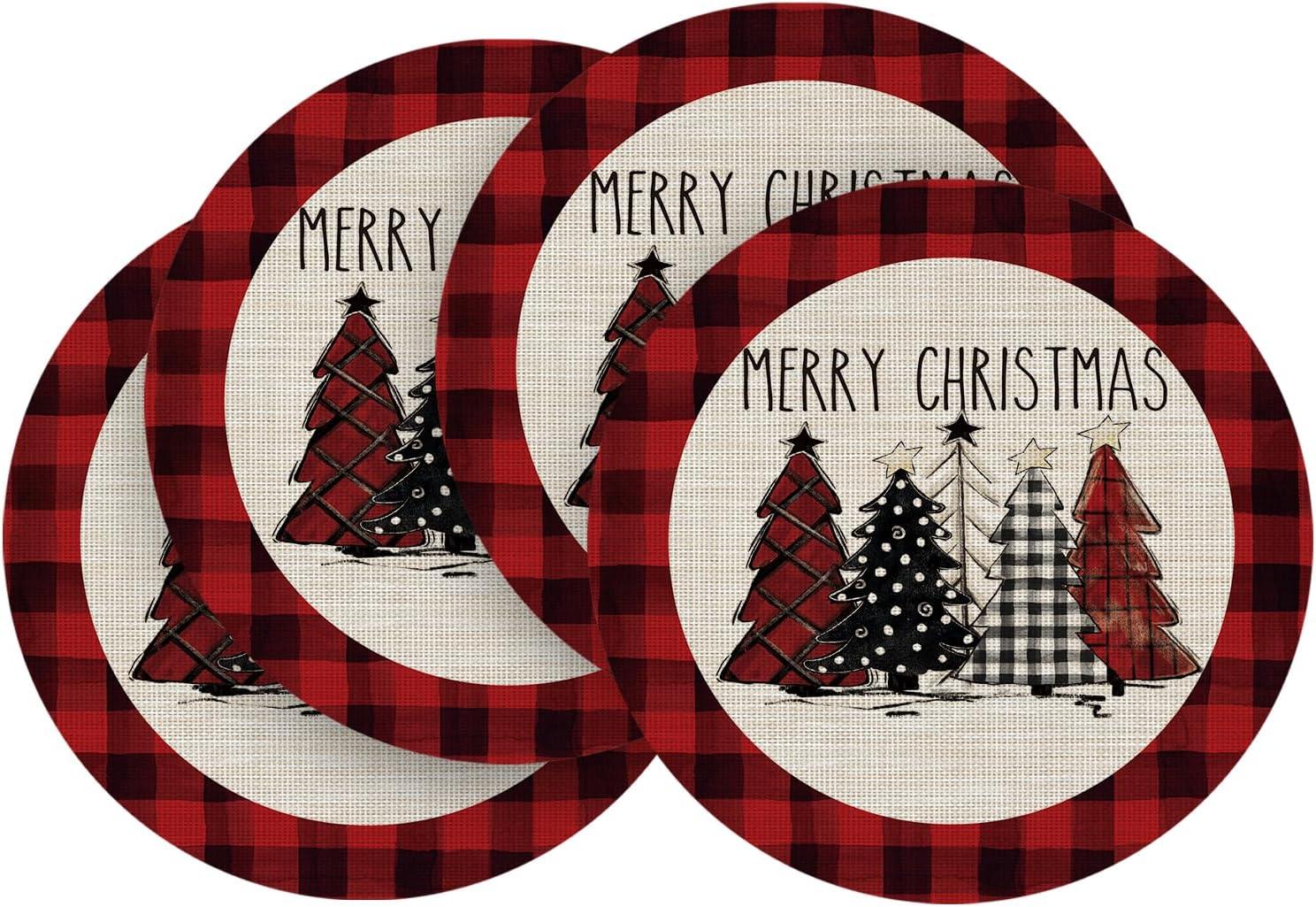 imageArtoid Mode Merry Christmas Trees Vinyl Placemats Set of 4 12x18 Inch Red Buffalo Plaid Washable Heat Resistant Plastic Woven Table Mats for Party Dining DecorRed