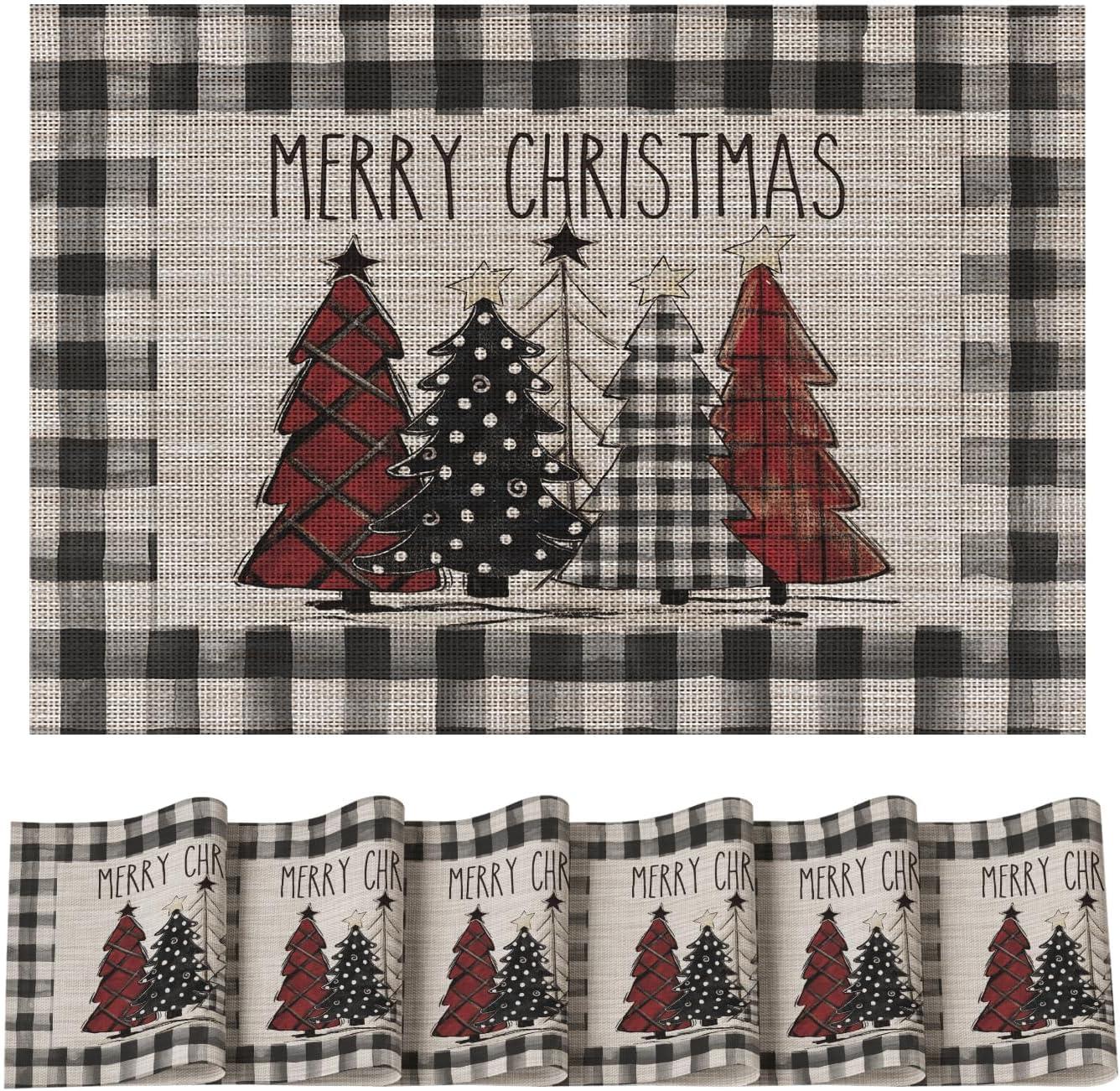 imageArtoid Mode Merry Christmas Trees Vinyl Placemats Set of 4 12x18 Inch Red Buffalo Plaid Washable Heat Resistant Plastic Woven Table Mats for Party Dining DecorBlack