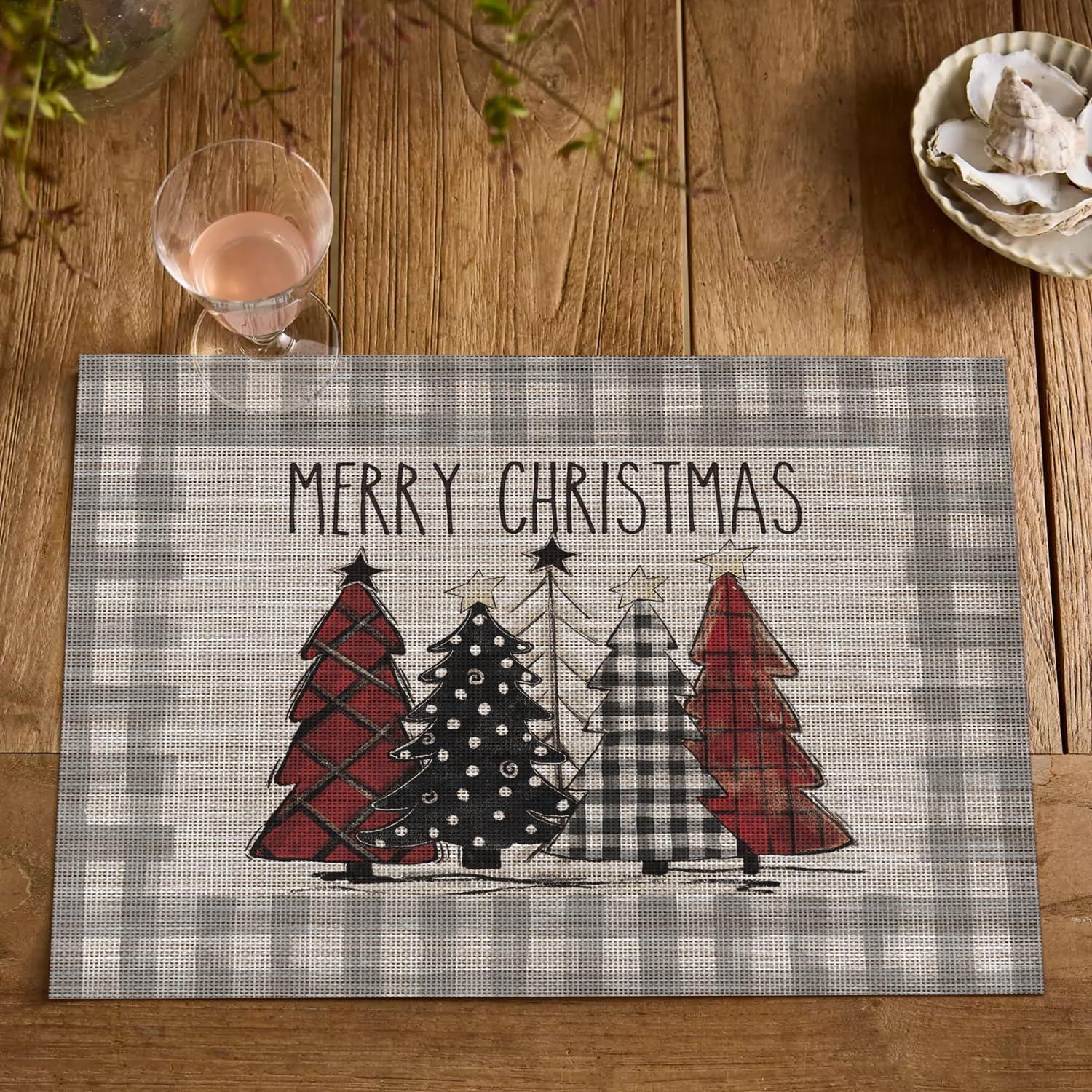 imageArtoid Mode Merry Christmas Trees Vinyl Placemats Set of 4 12x18 Inch Red Buffalo Plaid Washable Heat Resistant Plastic Woven Table Mats for Party Dining DecorGray