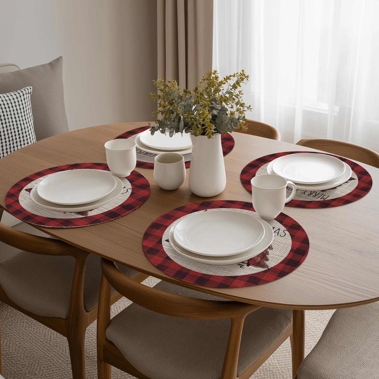 imageArtoid Mode Merry Christmas Trees Vinyl Placemats Set of 4 12x18 Inch Red Buffalo Plaid Washable Heat Resistant Plastic Woven Table Mats for Party Dining DecorRed