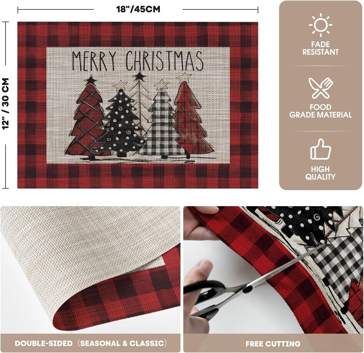 imageArtoid Mode Merry Christmas Trees Vinyl Placemats Set of 4 12x18 Inch Red Buffalo Plaid Washable Heat Resistant Plastic Woven Table Mats for Party Dining DecorRed