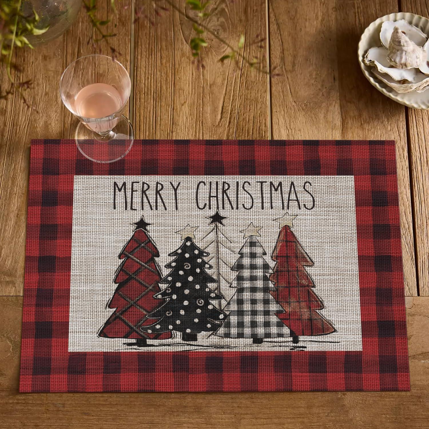 imageArtoid Mode Merry Christmas Trees Vinyl Placemats Set of 4 12x18 Inch Red Buffalo Plaid Washable Heat Resistant Plastic Woven Table Mats for Party Dining DecorRed