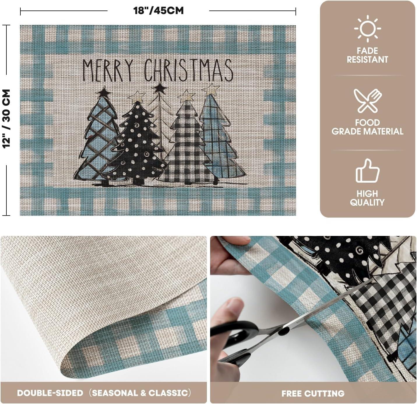 imageArtoid Mode Merry Christmas Trees Vinyl Placemats Set of 4 12x18 Inch Red Buffalo Plaid Washable Heat Resistant Plastic Woven Table Mats for Party Dining DecorBlue