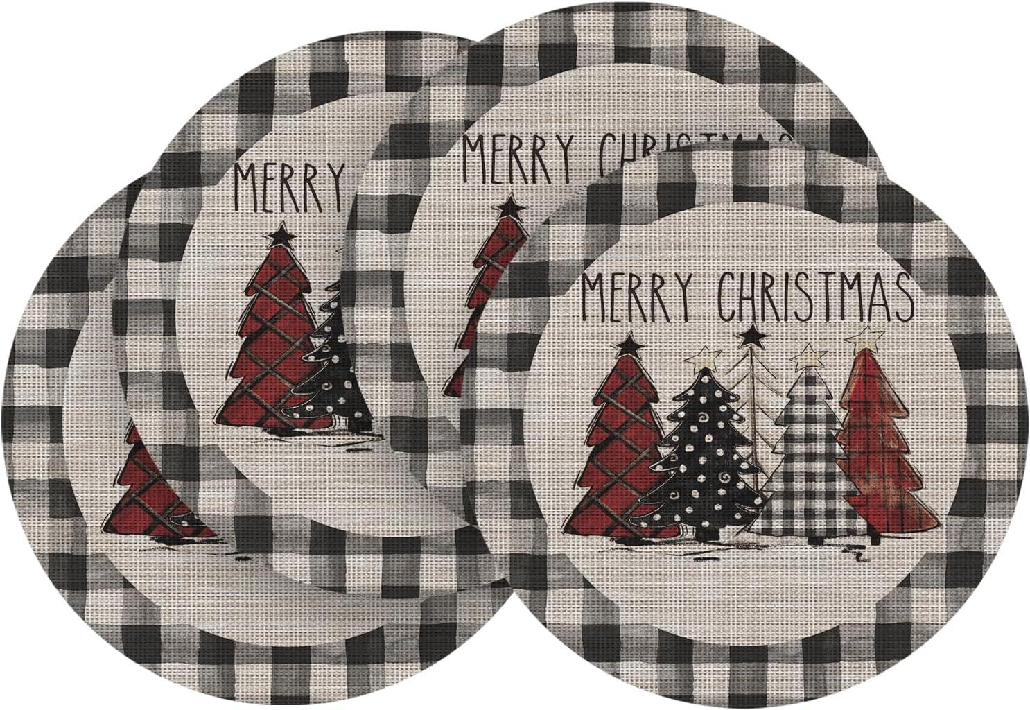 imageArtoid Mode Merry Christmas Trees Vinyl Placemats Set of 4 12x18 Inch Red Buffalo Plaid Washable Heat Resistant Plastic Woven Table Mats for Party Dining DecorBlack