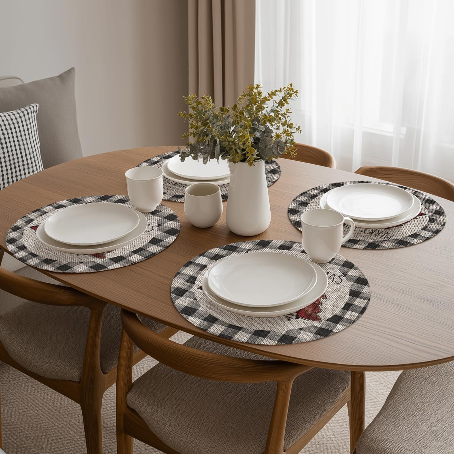 imageArtoid Mode Merry Christmas Trees Vinyl Placemats Set of 4 12x18 Inch Red Buffalo Plaid Washable Heat Resistant Plastic Woven Table Mats for Party Dining DecorBlack