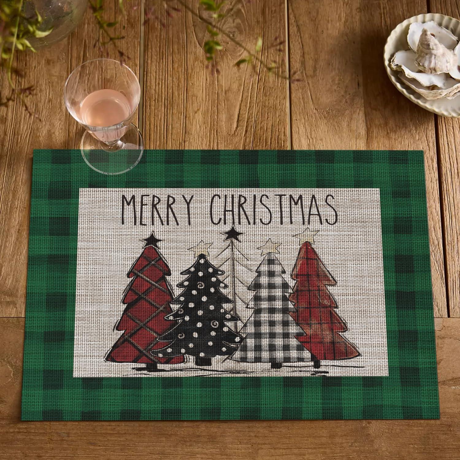 imageArtoid Mode Merry Christmas Trees Vinyl Placemats Set of 4 12x18 Inch Red Buffalo Plaid Washable Heat Resistant Plastic Woven Table Mats for Party Dining DecorGreen