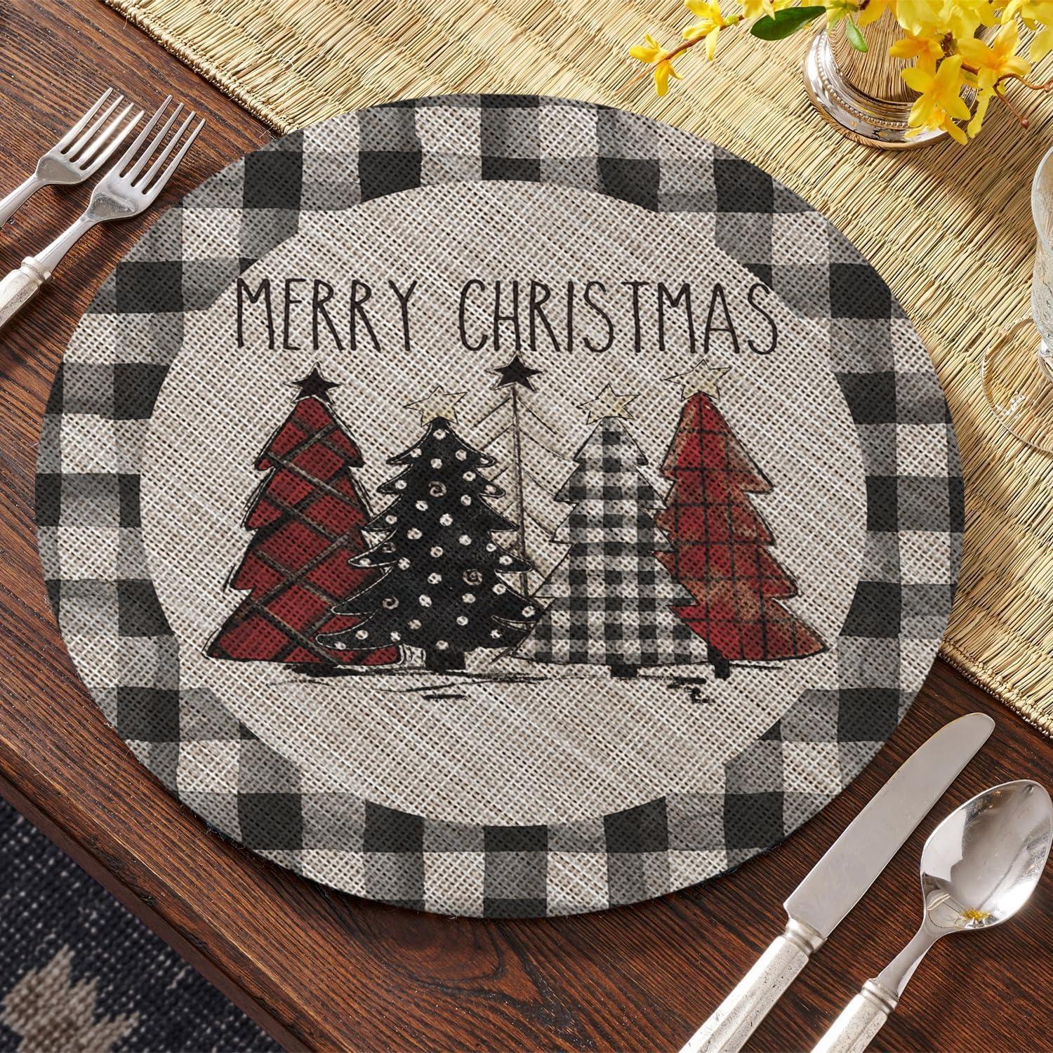imageArtoid Mode Merry Christmas Trees Vinyl Placemats Set of 4 12x18 Inch Red Buffalo Plaid Washable Heat Resistant Plastic Woven Table Mats for Party Dining DecorBlack