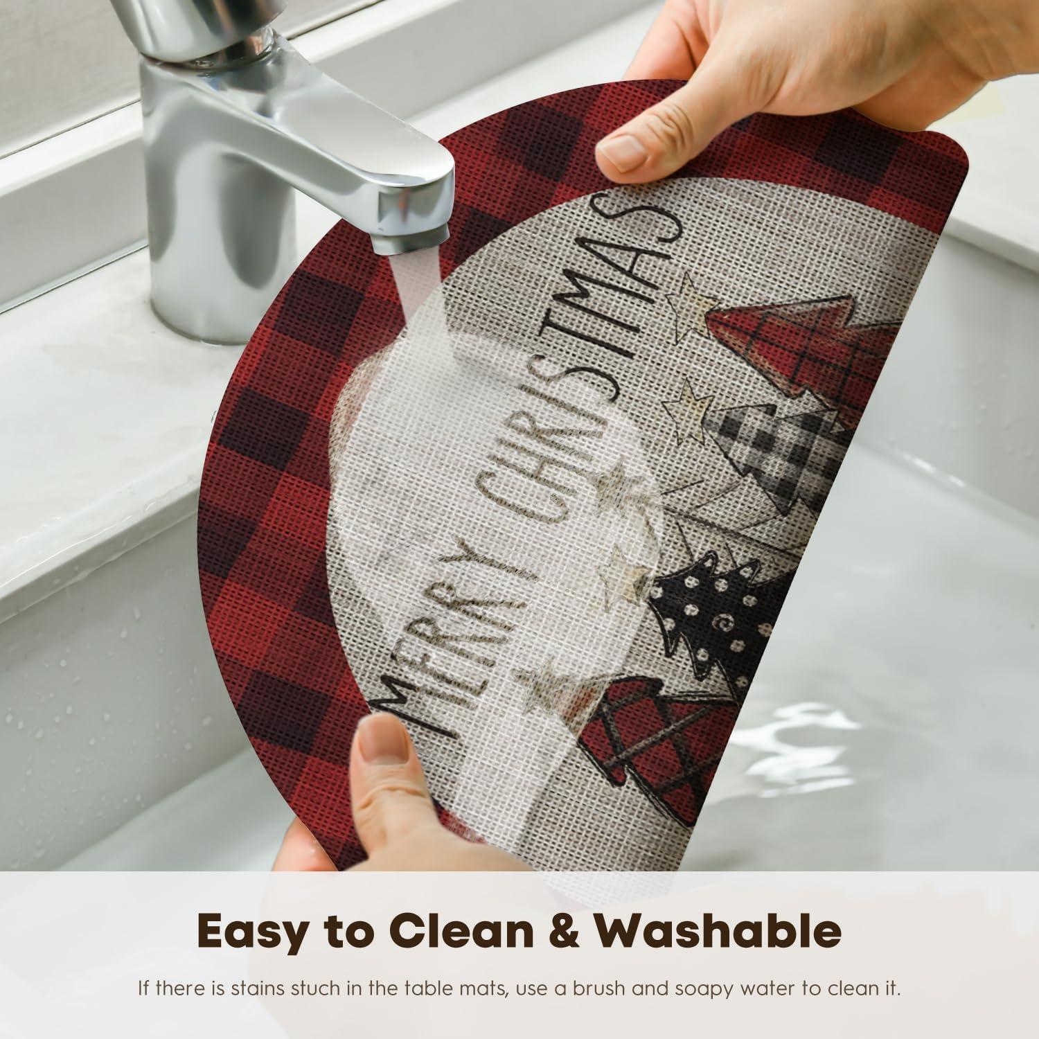 imageArtoid Mode Merry Christmas Trees Vinyl Placemats Set of 4 12x18 Inch Red Buffalo Plaid Washable Heat Resistant Plastic Woven Table Mats for Party Dining DecorRed