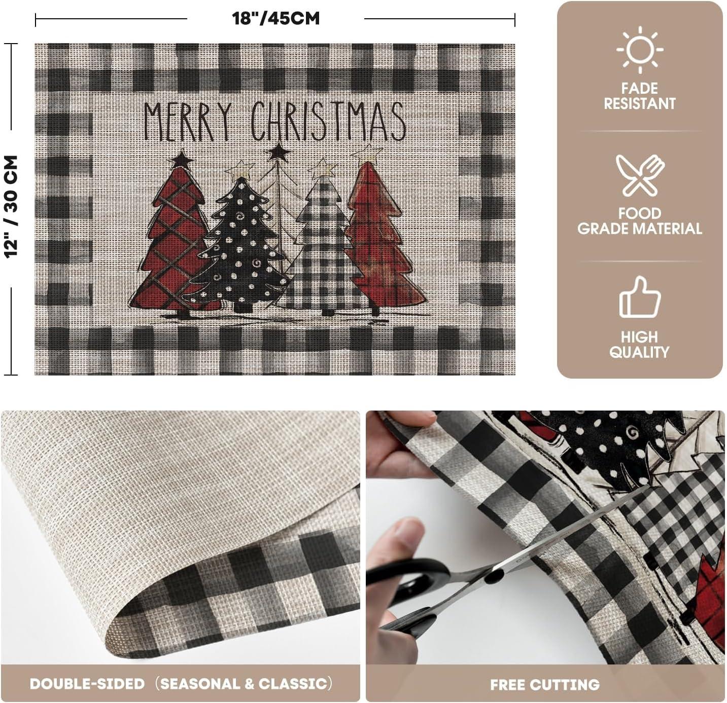 imageArtoid Mode Merry Christmas Trees Vinyl Placemats Set of 4 12x18 Inch Red Buffalo Plaid Washable Heat Resistant Plastic Woven Table Mats for Party Dining DecorBlack