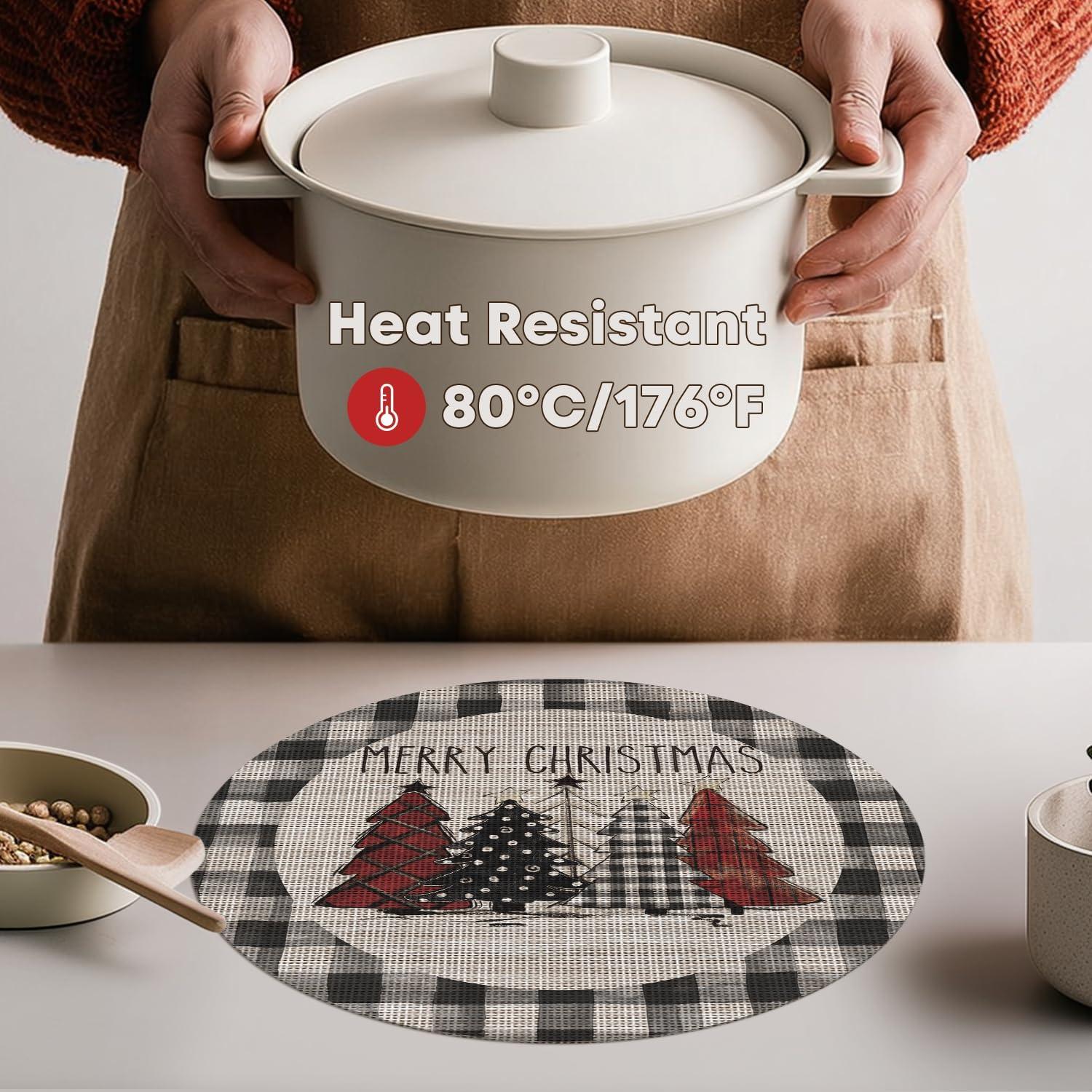 imageArtoid Mode Merry Christmas Trees Vinyl Placemats Set of 4 12x18 Inch Red Buffalo Plaid Washable Heat Resistant Plastic Woven Table Mats for Party Dining DecorBlack