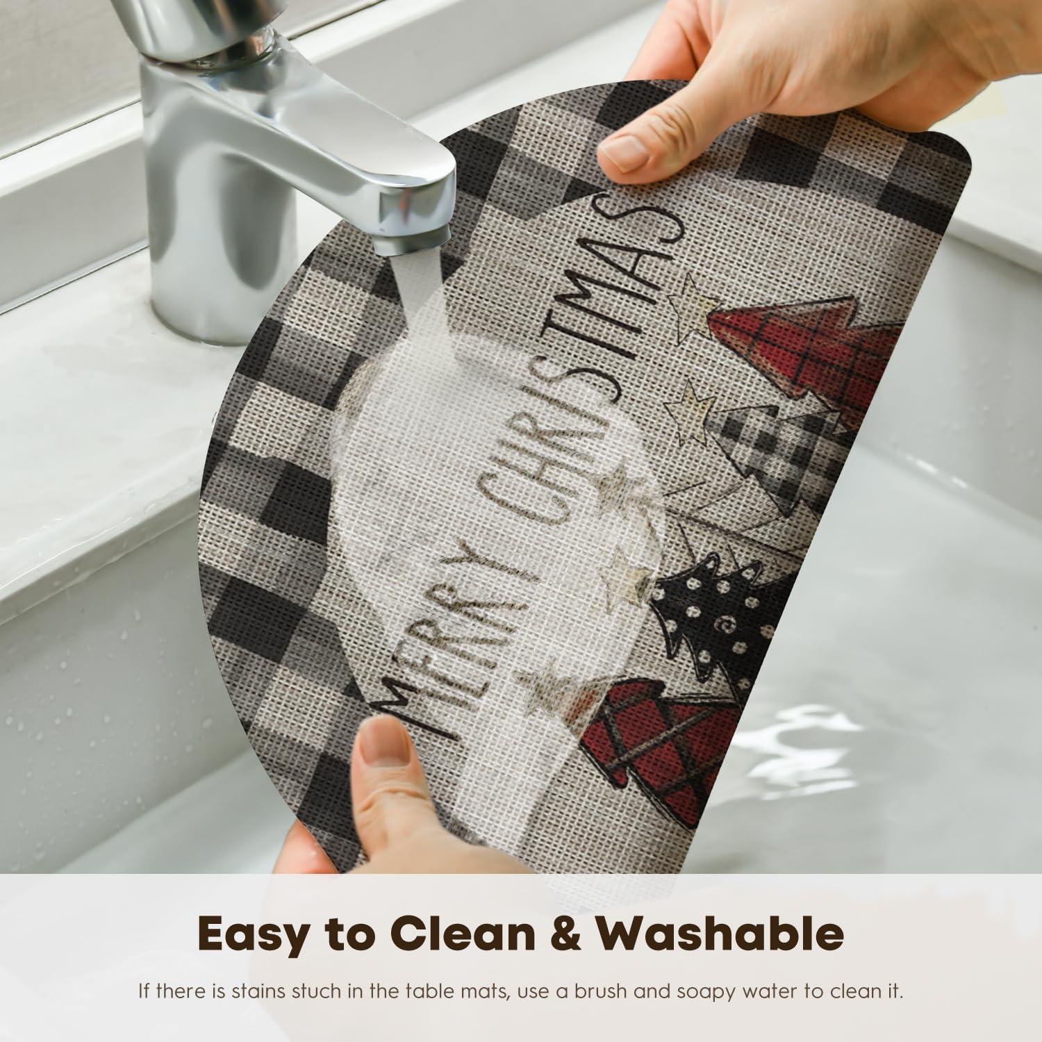 imageArtoid Mode Merry Christmas Trees Vinyl Placemats Set of 4 12x18 Inch Red Buffalo Plaid Washable Heat Resistant Plastic Woven Table Mats for Party Dining DecorBlack