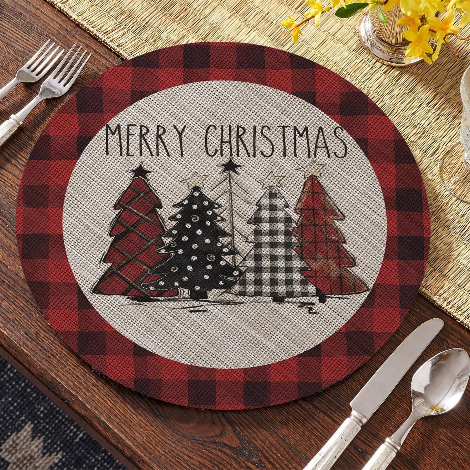 imageArtoid Mode Merry Christmas Trees Vinyl Placemats Set of 4 12x18 Inch Red Buffalo Plaid Washable Heat Resistant Plastic Woven Table Mats for Party Dining DecorRed