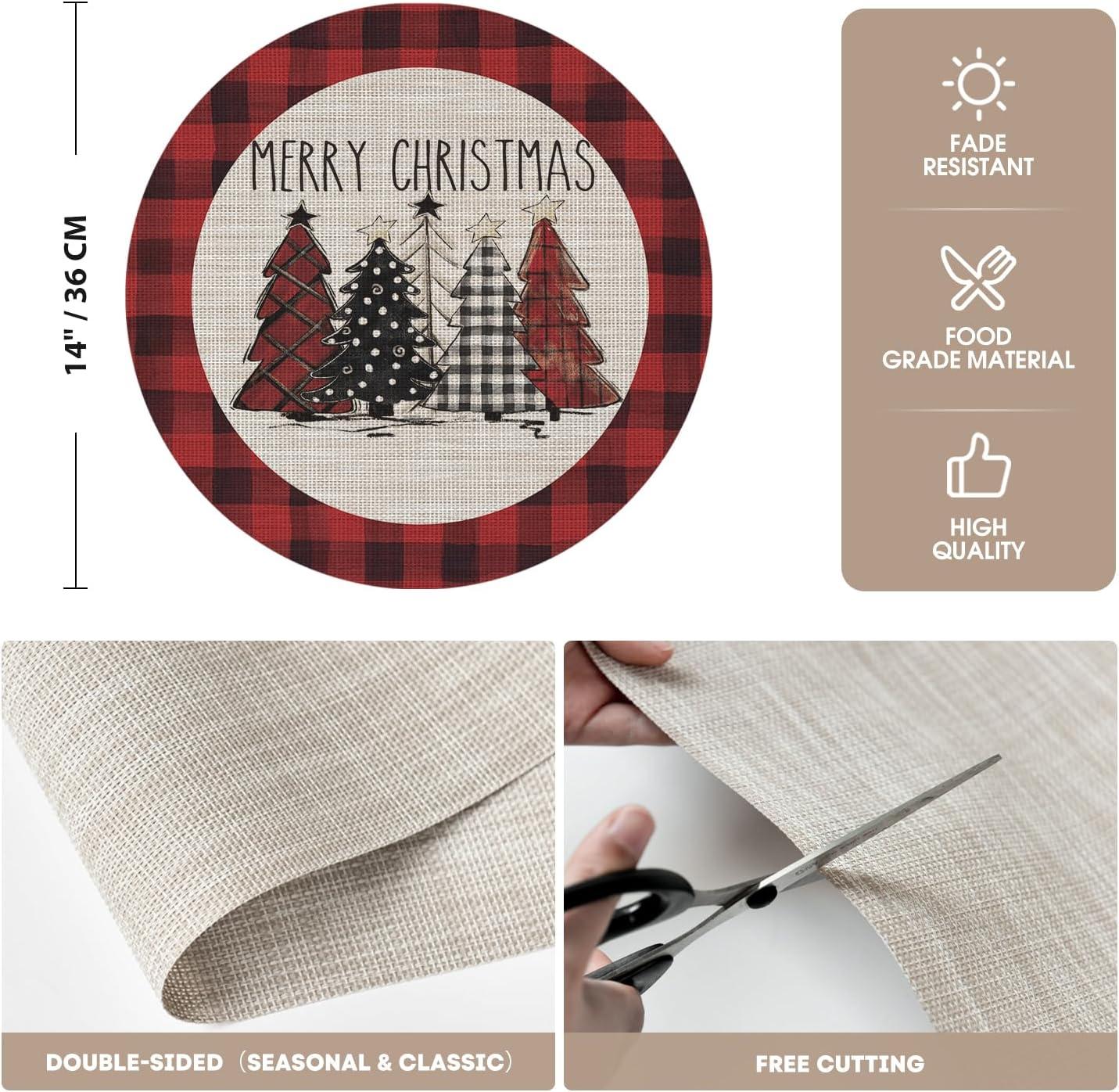 imageArtoid Mode Merry Christmas Trees Vinyl Placemats Set of 4 12x18 Inch Red Buffalo Plaid Washable Heat Resistant Plastic Woven Table Mats for Party Dining DecorRed