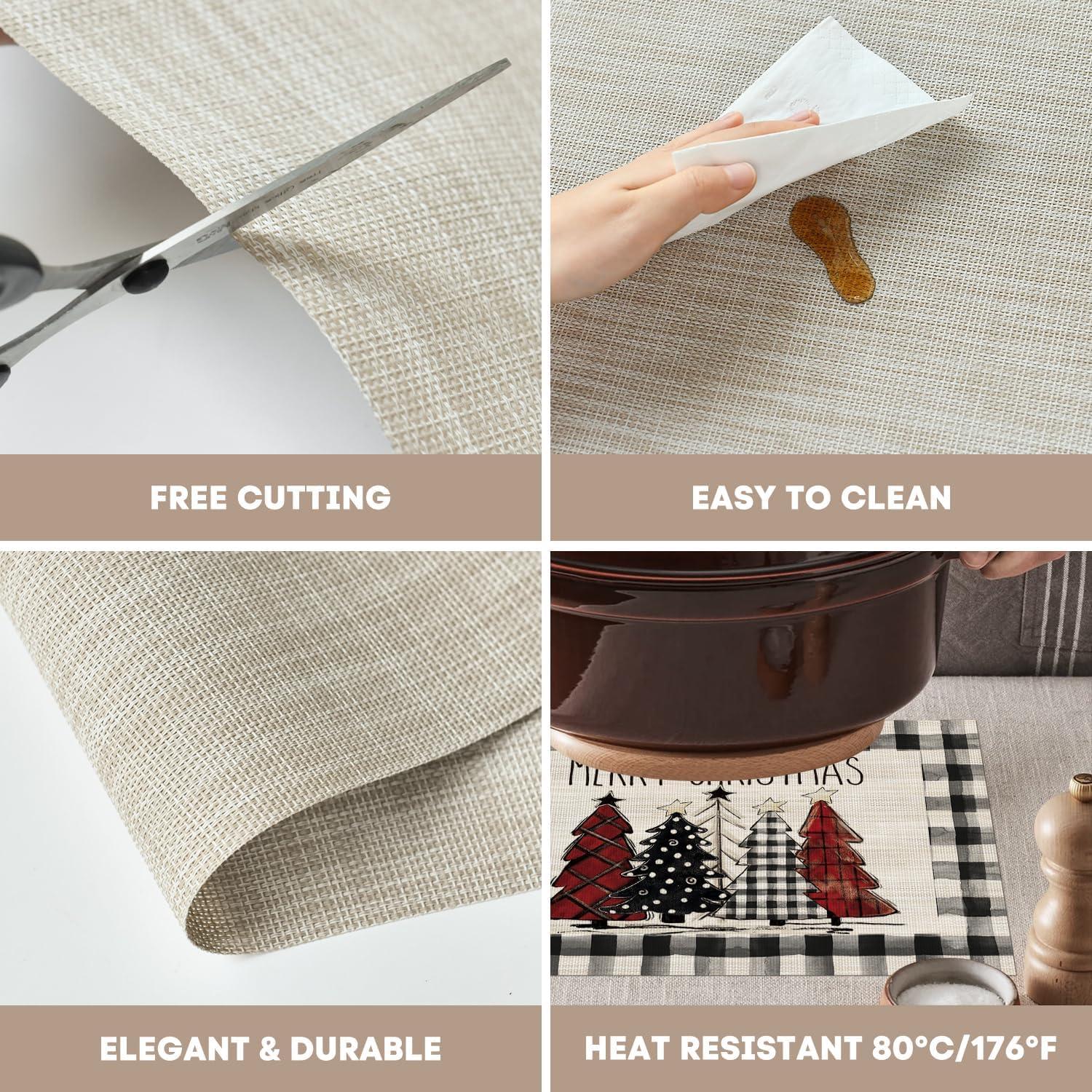 imageArtoid Mode Merry Christmas Trees Vinyl Placemats Set of 4 12x18 Inch Red Buffalo Plaid Washable Heat Resistant Plastic Woven Table Mats for Party Dining DecorBlack