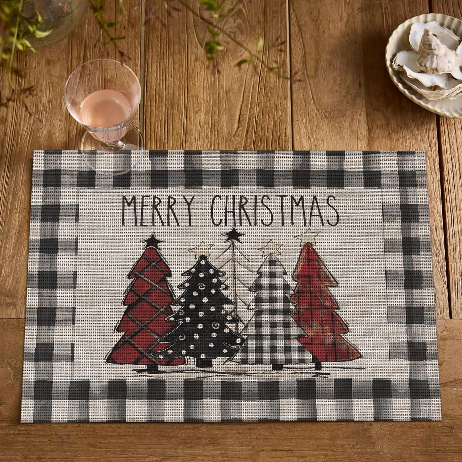 imageArtoid Mode Merry Christmas Trees Vinyl Placemats Set of 4 12x18 Inch Red Buffalo Plaid Washable Heat Resistant Plastic Woven Table Mats for Party Dining DecorBlack