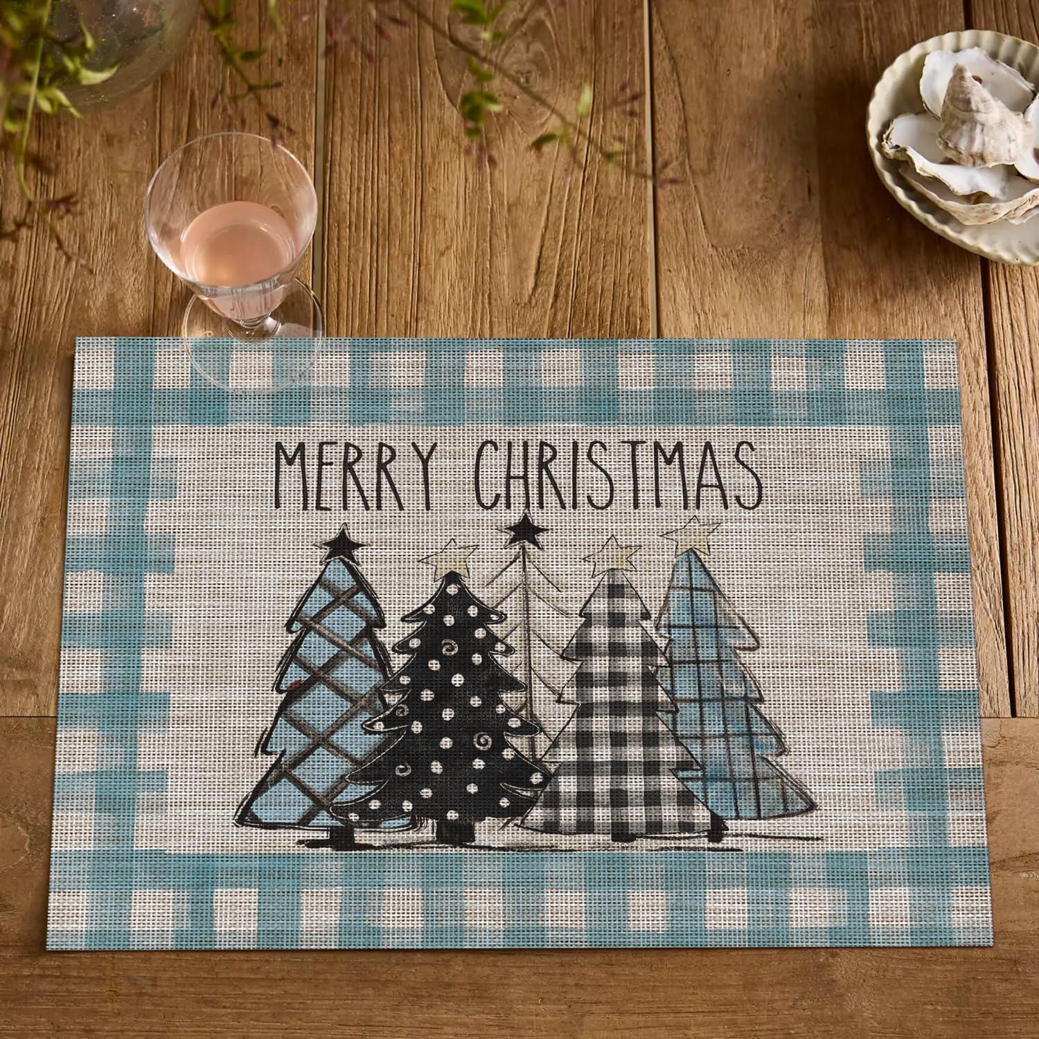 imageArtoid Mode Merry Christmas Trees Vinyl Placemats Set of 4 12x18 Inch Red Buffalo Plaid Washable Heat Resistant Plastic Woven Table Mats for Party Dining DecorBlue