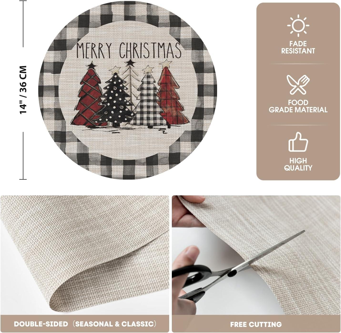 imageArtoid Mode Merry Christmas Trees Vinyl Placemats Set of 4 12x18 Inch Red Buffalo Plaid Washable Heat Resistant Plastic Woven Table Mats for Party Dining DecorBlack