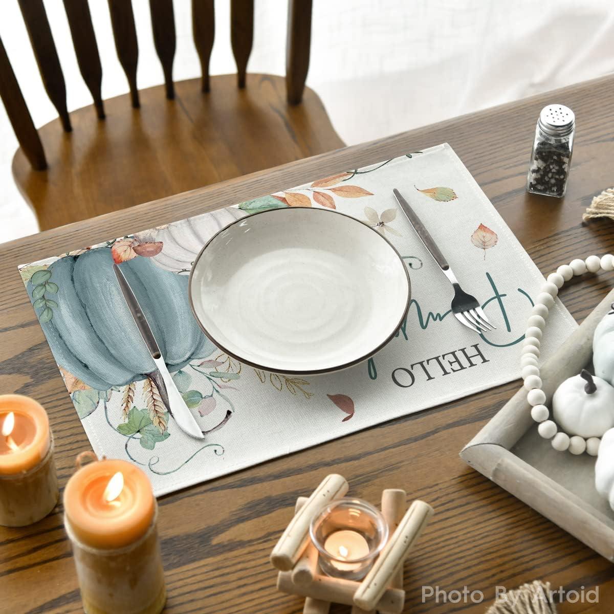 imageArtoid Mode Orange Hello Pumpkin Leaves Fall Placemats Set of 4 12x18 Inch Autumn Thanksgiving Harvest Watercolor Table Mats for Dining Party DecorationBeigeBlue