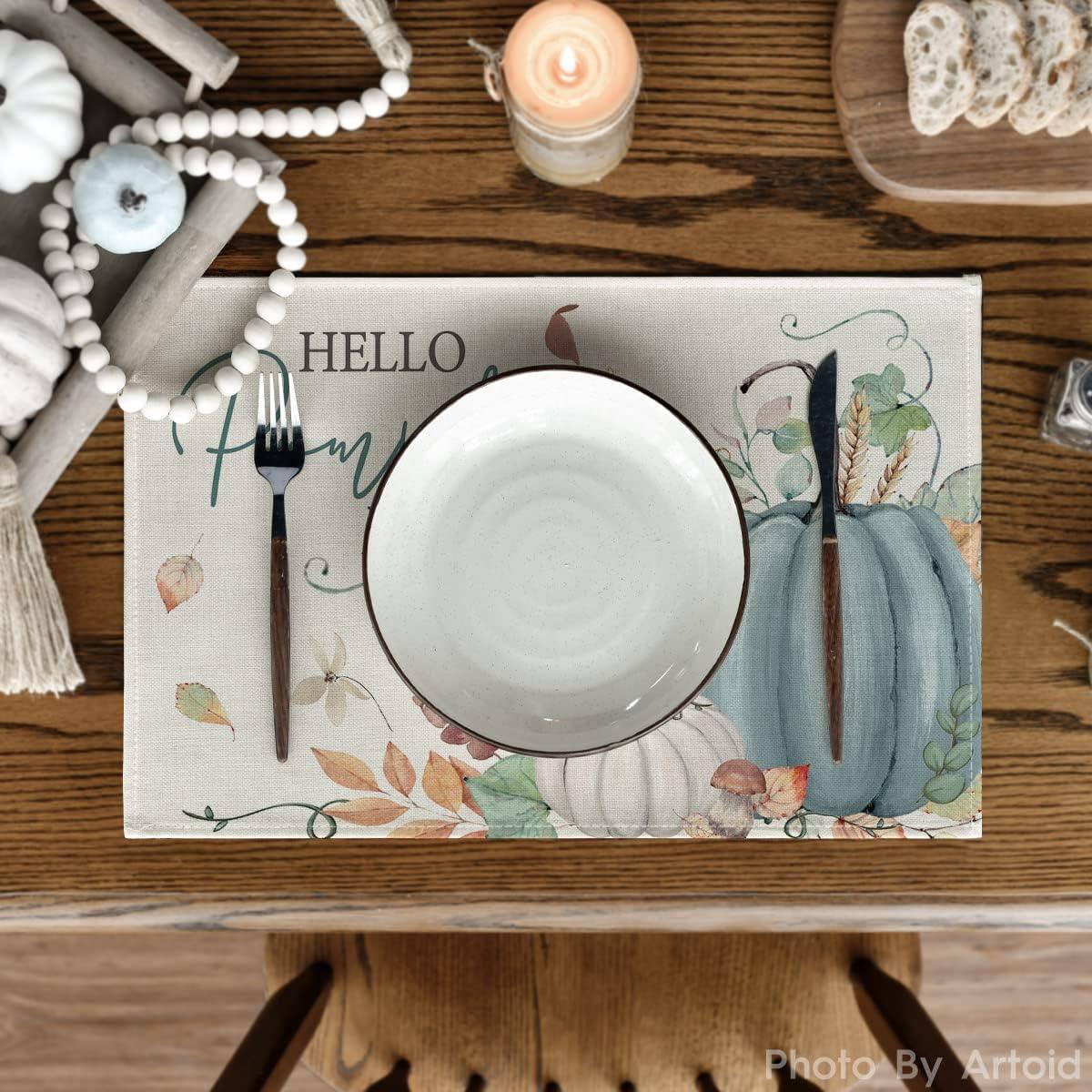 imageArtoid Mode Orange Hello Pumpkin Leaves Fall Placemats Set of 4 12x18 Inch Autumn Thanksgiving Harvest Watercolor Table Mats for Dining Party DecorationBeigeBlue