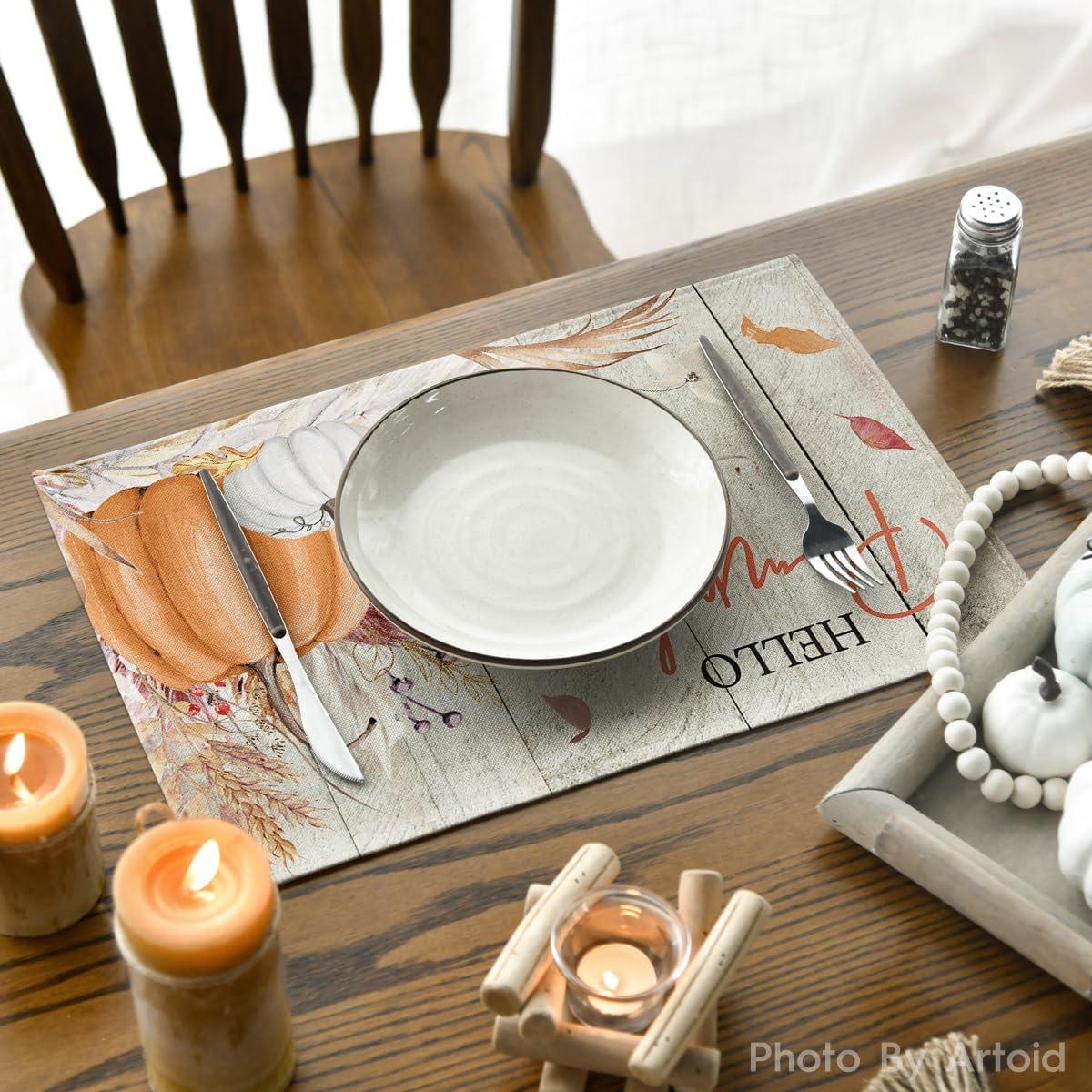 imageArtoid Mode Orange Hello Pumpkin Leaves Fall Placemats Set of 4 12x18 Inch Autumn Thanksgiving Harvest Watercolor Table Mats for Dining Party DecorationWood