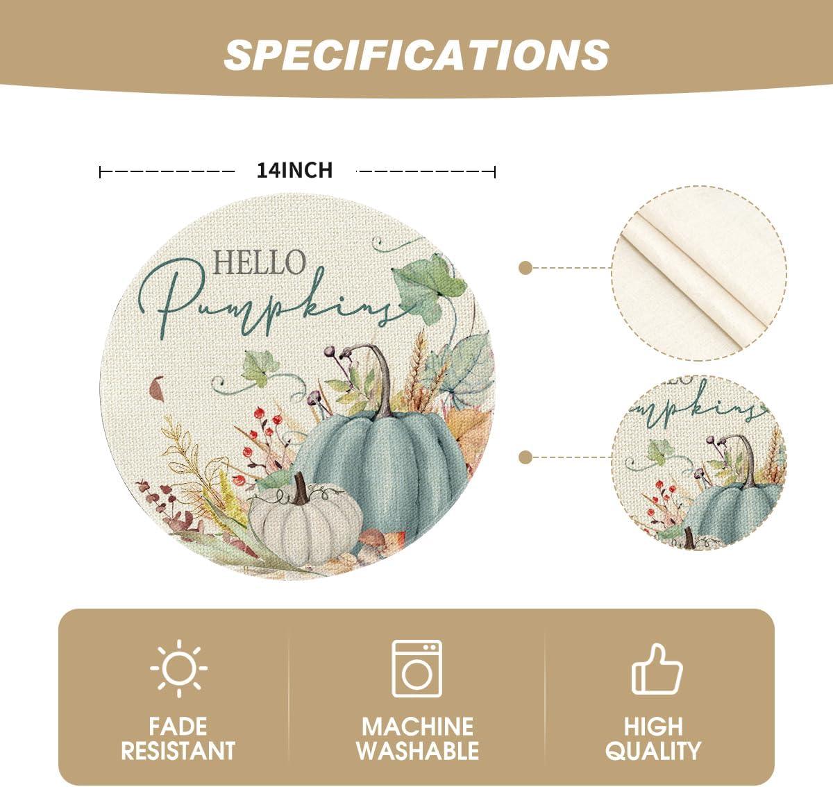 imageArtoid Mode Orange Hello Pumpkin Leaves Fall Placemats Set of 4 12x18 Inch Autumn Thanksgiving Harvest Watercolor Table Mats for Dining Party DecorationBeigeBlue