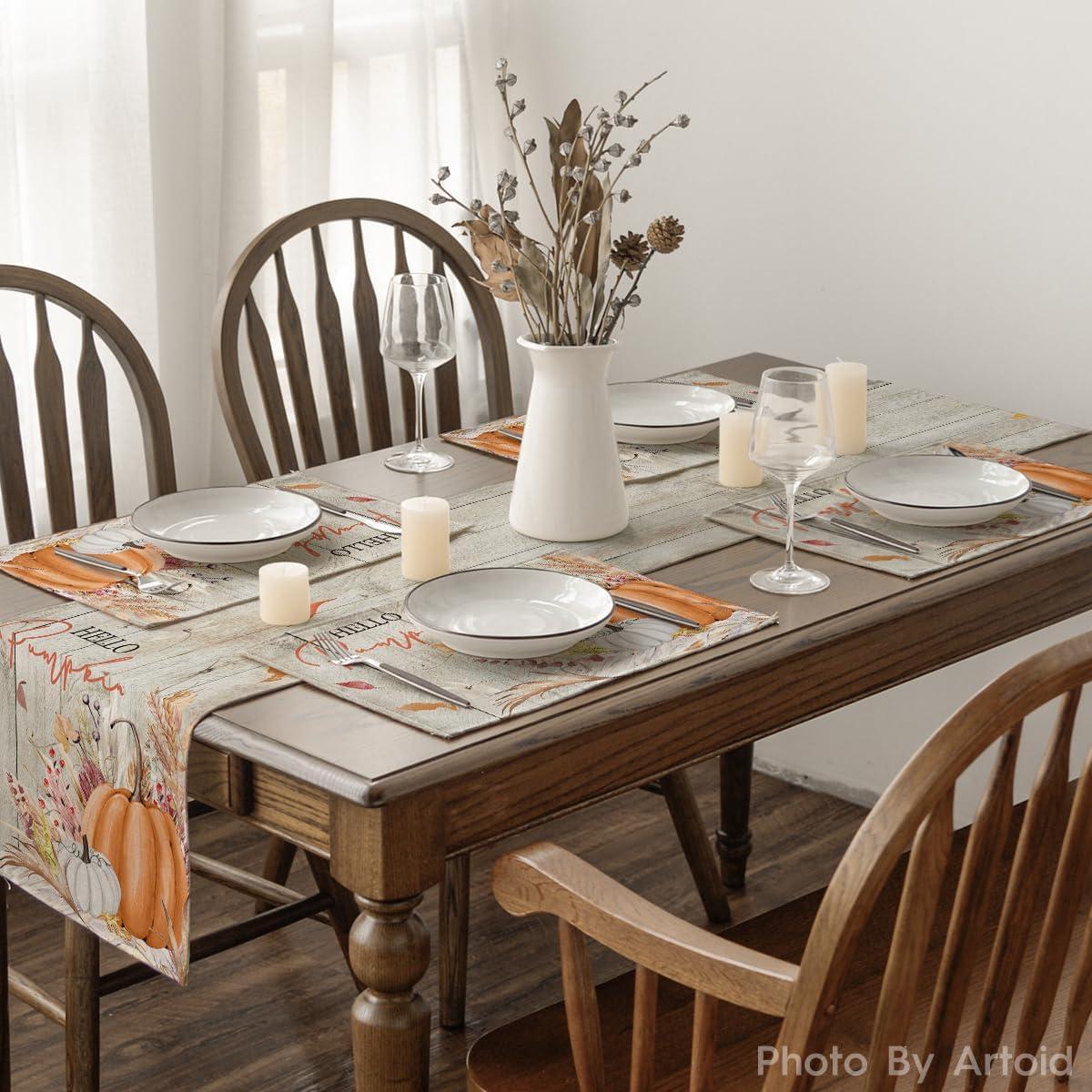 imageArtoid Mode Orange Hello Pumpkin Leaves Fall Placemats Set of 4 12x18 Inch Autumn Thanksgiving Harvest Watercolor Table Mats for Dining Party DecorationWood