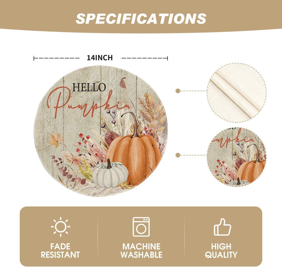 imageArtoid Mode Orange Hello Pumpkin Leaves Fall Placemats Set of 4 12x18 Inch Autumn Thanksgiving Harvest Watercolor Table Mats for Dining Party DecorationWood