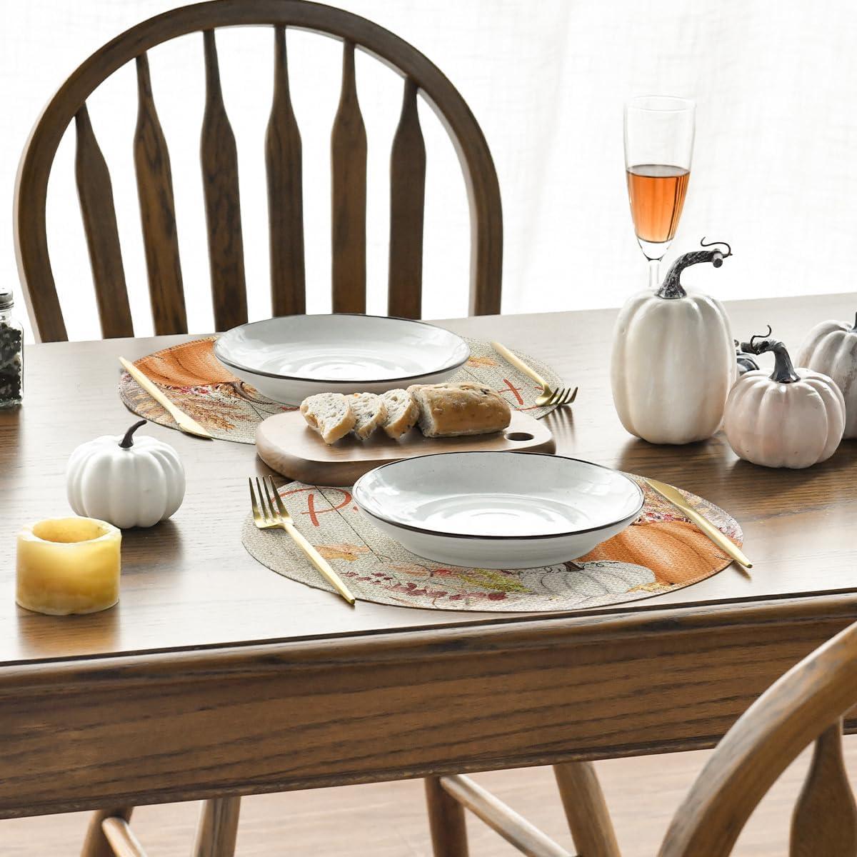 imageArtoid Mode Orange Hello Pumpkin Leaves Fall Placemats Set of 4 12x18 Inch Autumn Thanksgiving Harvest Watercolor Table Mats for Dining Party DecorationWood