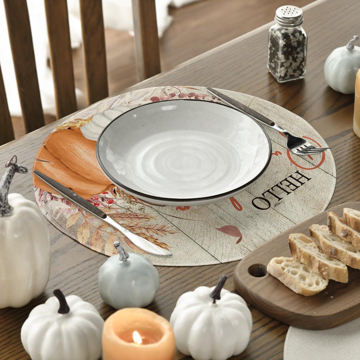 imageArtoid Mode Orange Hello Pumpkin Leaves Fall Placemats Set of 4 12x18 Inch Autumn Thanksgiving Harvest Watercolor Table Mats for Dining Party DecorationWood