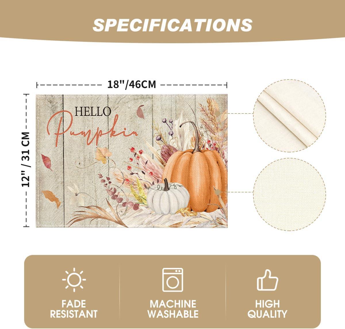 imageArtoid Mode Orange Hello Pumpkin Leaves Fall Placemats Set of 4 12x18 Inch Autumn Thanksgiving Harvest Watercolor Table Mats for Dining Party DecorationWood