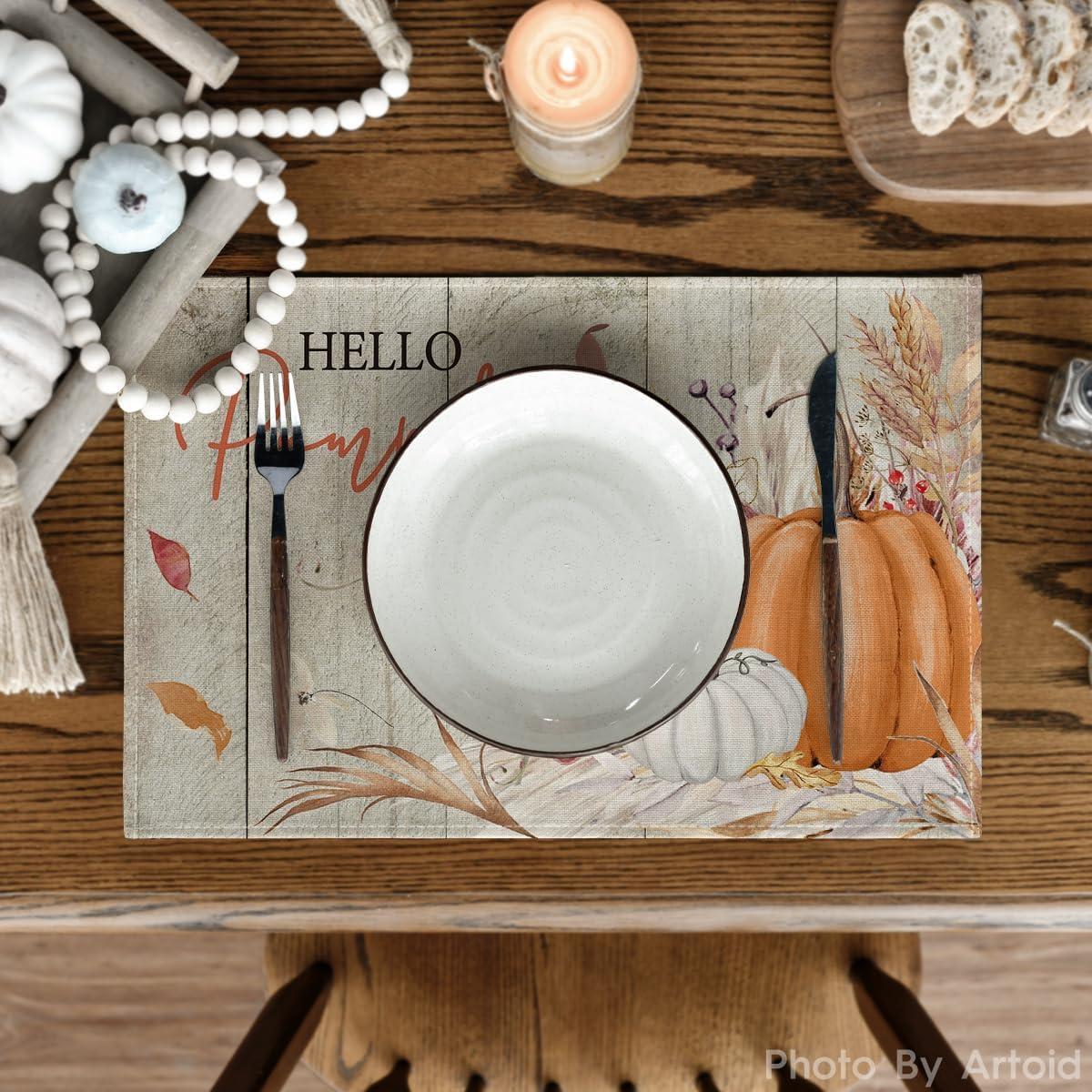 imageArtoid Mode Orange Hello Pumpkin Leaves Fall Placemats Set of 4 12x18 Inch Autumn Thanksgiving Harvest Watercolor Table Mats for Dining Party DecorationWood